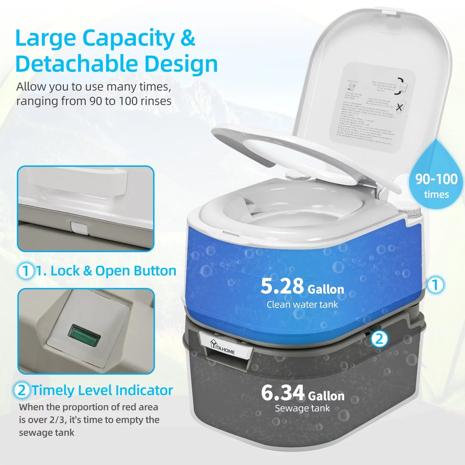 Portable Toilet, 6.34 Gallon Camping  Porta Potty , Outdoor  Toilet with Level Indicator, Rotating Spout
