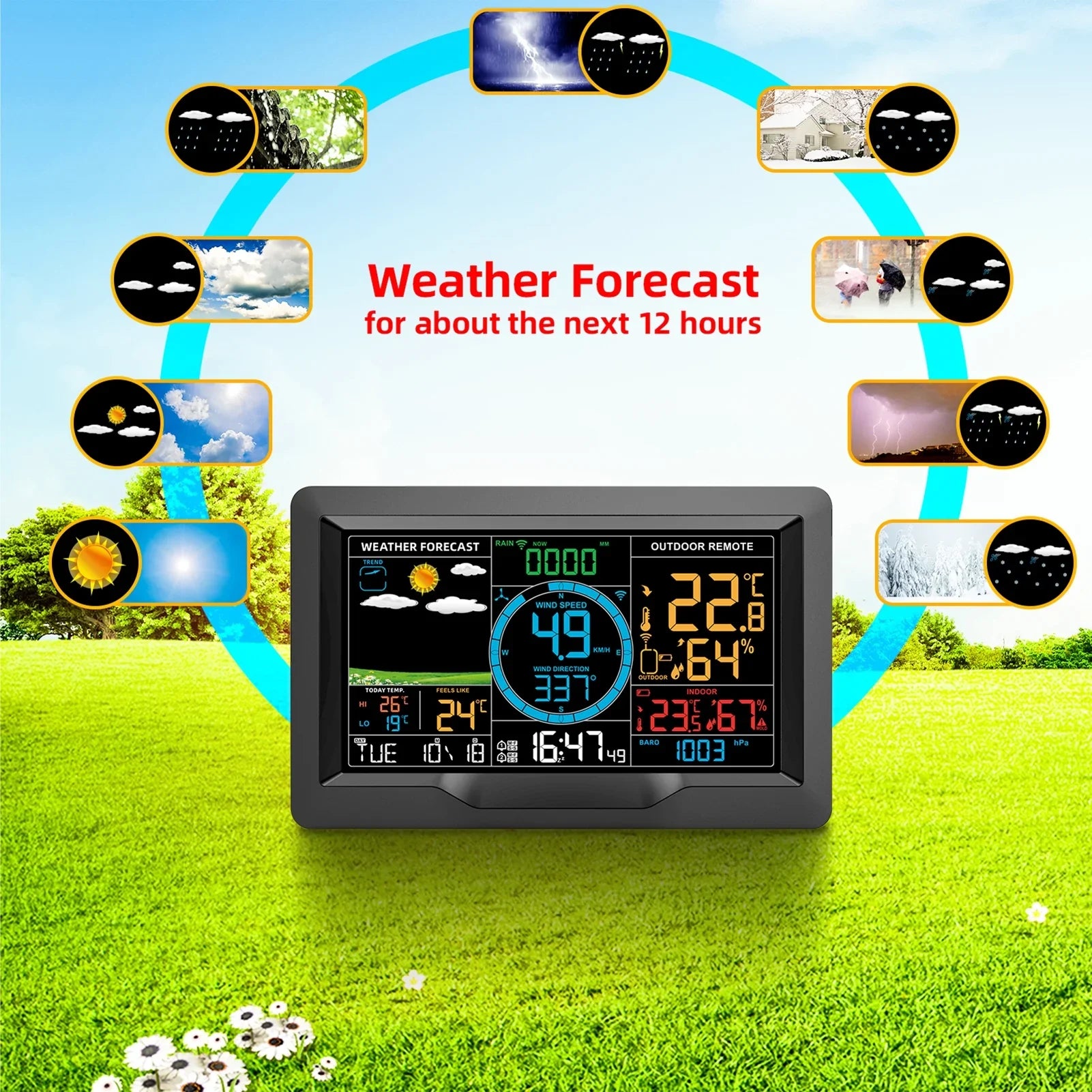 Suzicca Wireless Weather Station Indoor Hygrometer Thermometer Temperature Backlit Humidity Display  Digital Weather Forecast Station Clock Alarm Clock with Sensor  Port