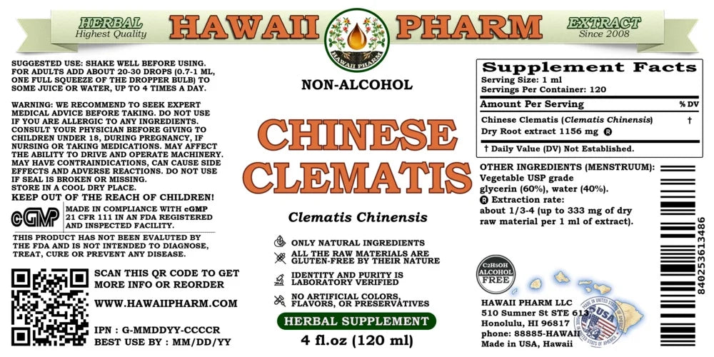 Chinese Clematis (Clematis Chinensis) Dry Root - Liquid Extract. Expertly Extracted by Trusted HawaiiPharm Brand. Absolutely Natural. Proudly made in . Glycerite 4 Fl.Oz