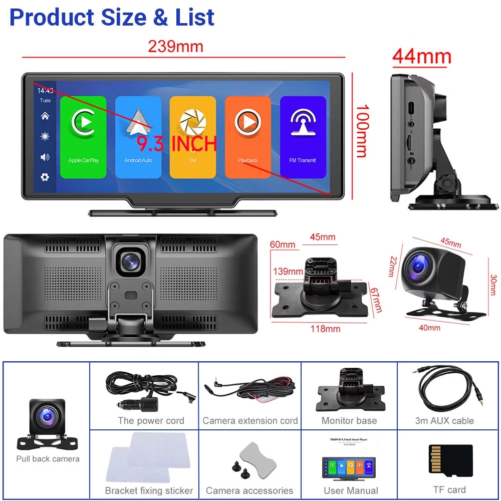 Podofo 7-32V 9.3" Portable Car Stereo Radio Wireless Carplay Android Auto Dash Cam  Car  Player, with 32G Card&Backup Camera