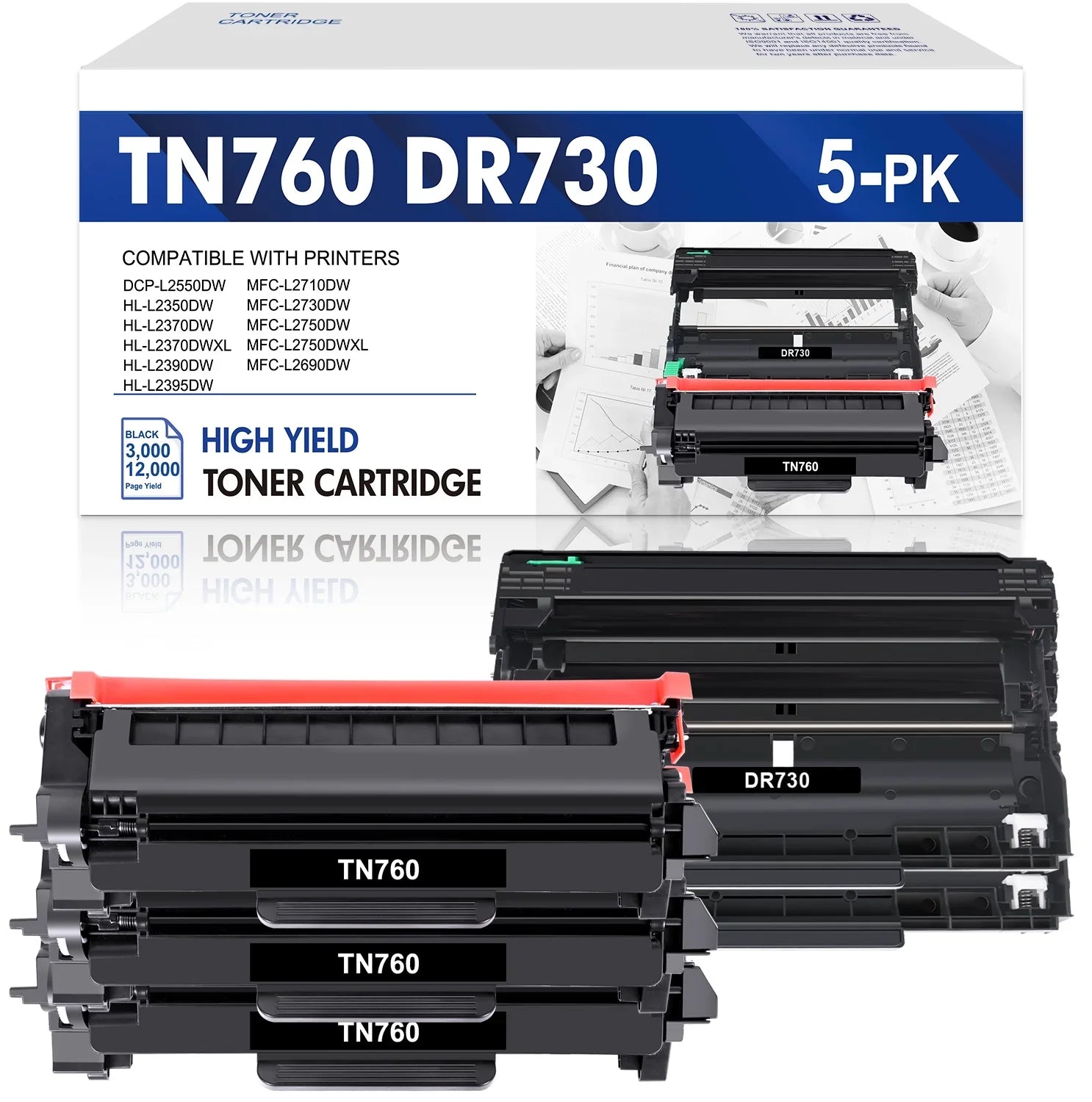 '-760 Toner Cartridge Black High Yield and  Drum Unit Set Compatible for Brother - - - - Printer (3x  Toner, 2x  Drum Unit )