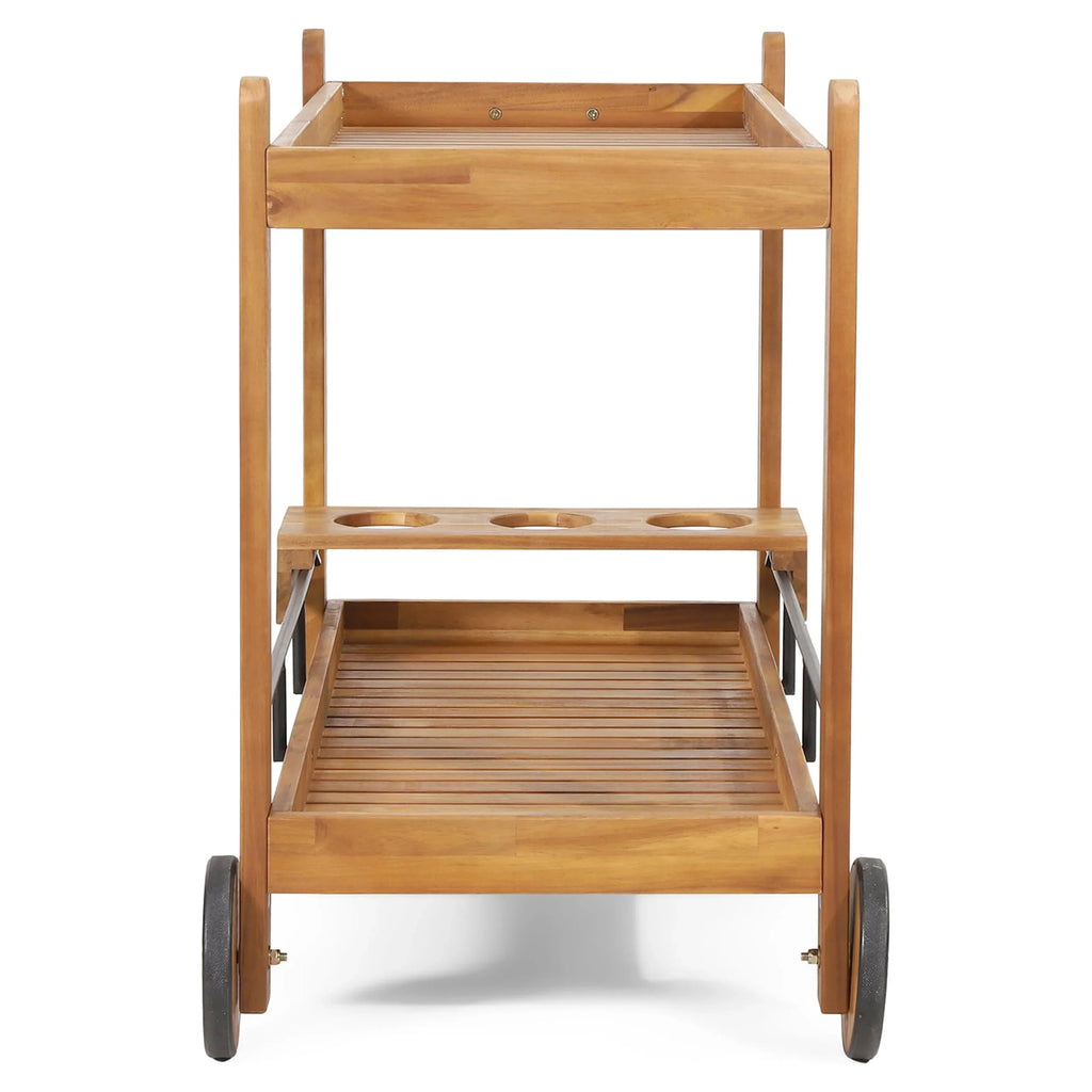 Studio Bonneau Outdoor Acacia Wood 2 Tiered Bar Cart with Bottle Holders, Teak and Black
