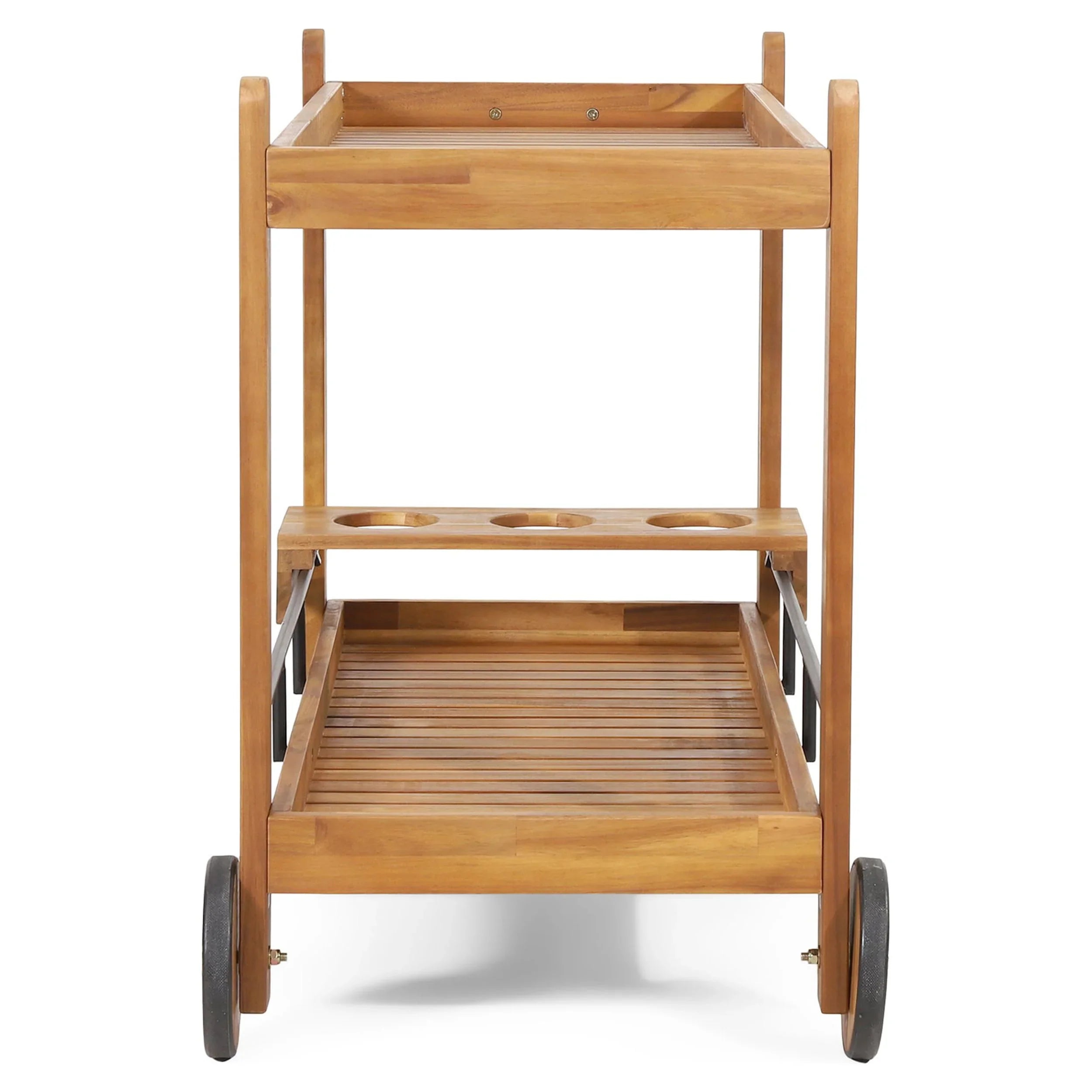 Studio Bonneau Outdoor Acacia Wood 2 Tiered Bar Cart with Bottle Holders, Teak and Black