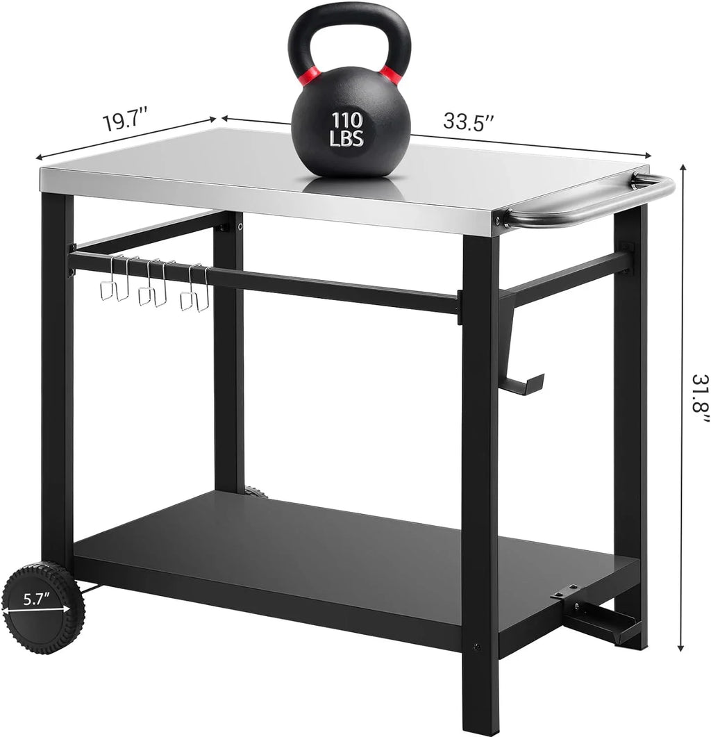 Double-Shelf Movable Dining Cart, Stainless Steel Worktable on 2 Wheels, Kitchen Food Prep Work Table, Outdoor Dining Room Bar Cart, Pizza Oven Table w/Hooks, Handle, .5 x .7 x .8