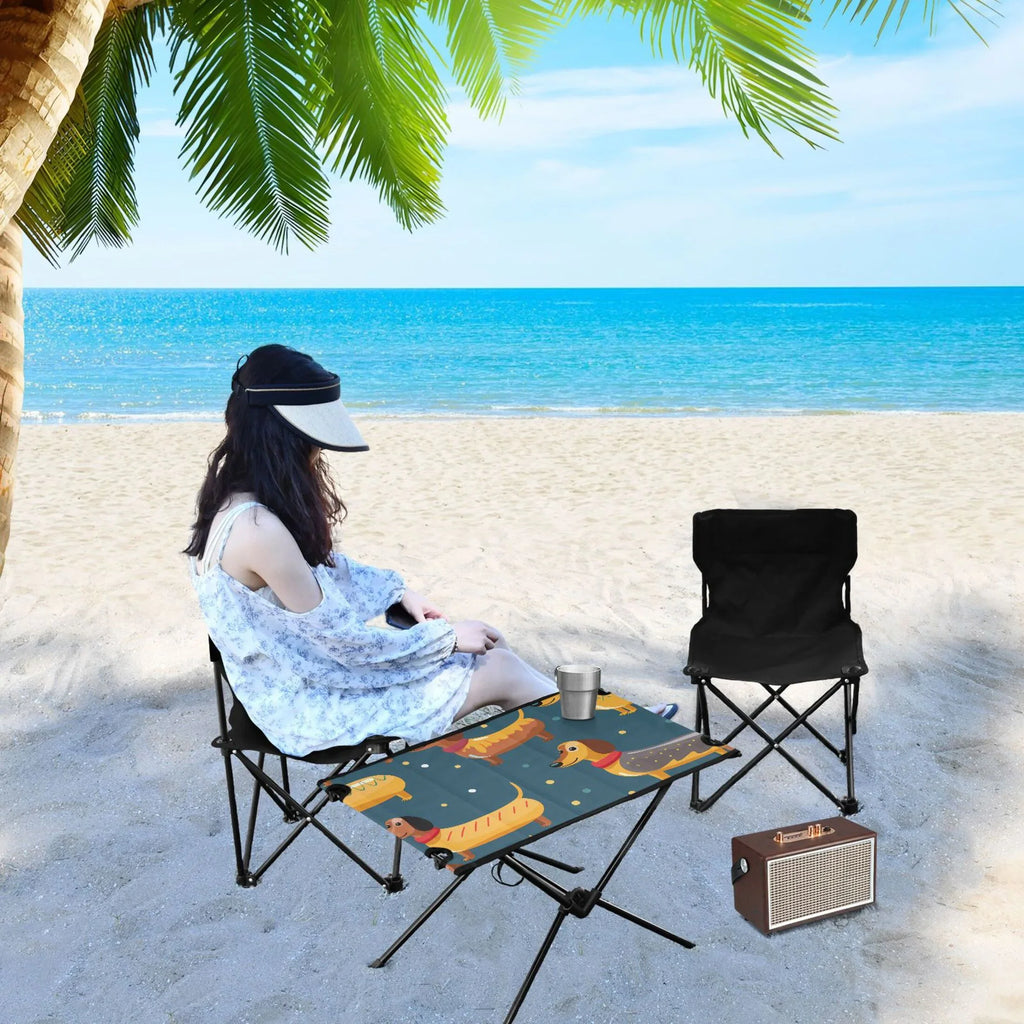 Cartoon Dachshund Dogs Camping Folding Table Portable Beach Table with Storage Bag Compact Picnic Table for Outdoor Travel Fishing