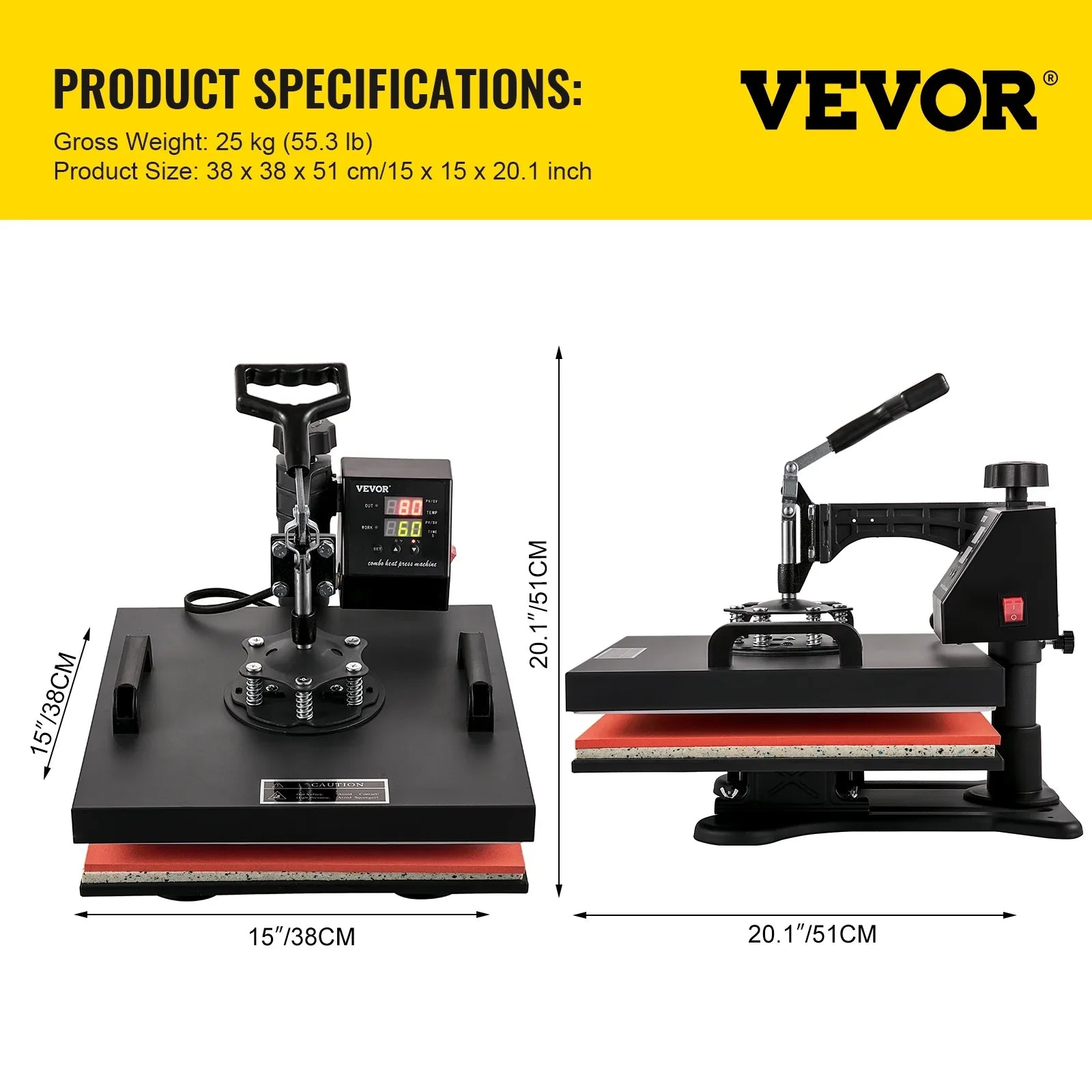 Heat Press Machine 15"x15" 8 in 1 Combo Digital Multifunctional Sublimation Heat Transfer Machine Dual  Display 360 Degree Rotation Swing Away