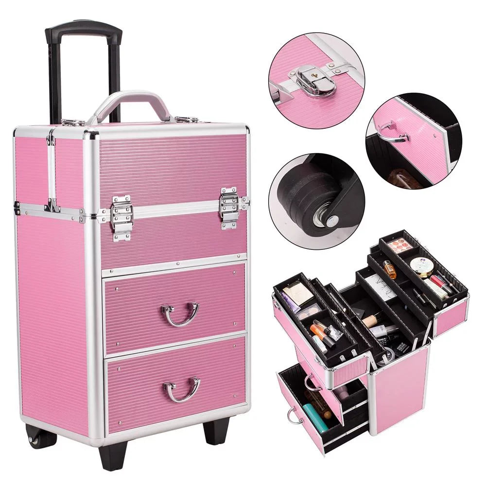 Ktaxon 3 in 1 Pro Rolling Aluminum Makeup Case, Lockable Cosmetic Train Box Storage Trolley, Pink