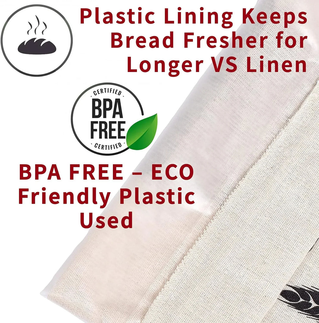 Baodeli 2  Bread Bags for Homemade Bread - Plastic Lined, Reusable Linen Cloth Saver Bag For Sourdough & Homemade Bread Storage - 17" x 13"