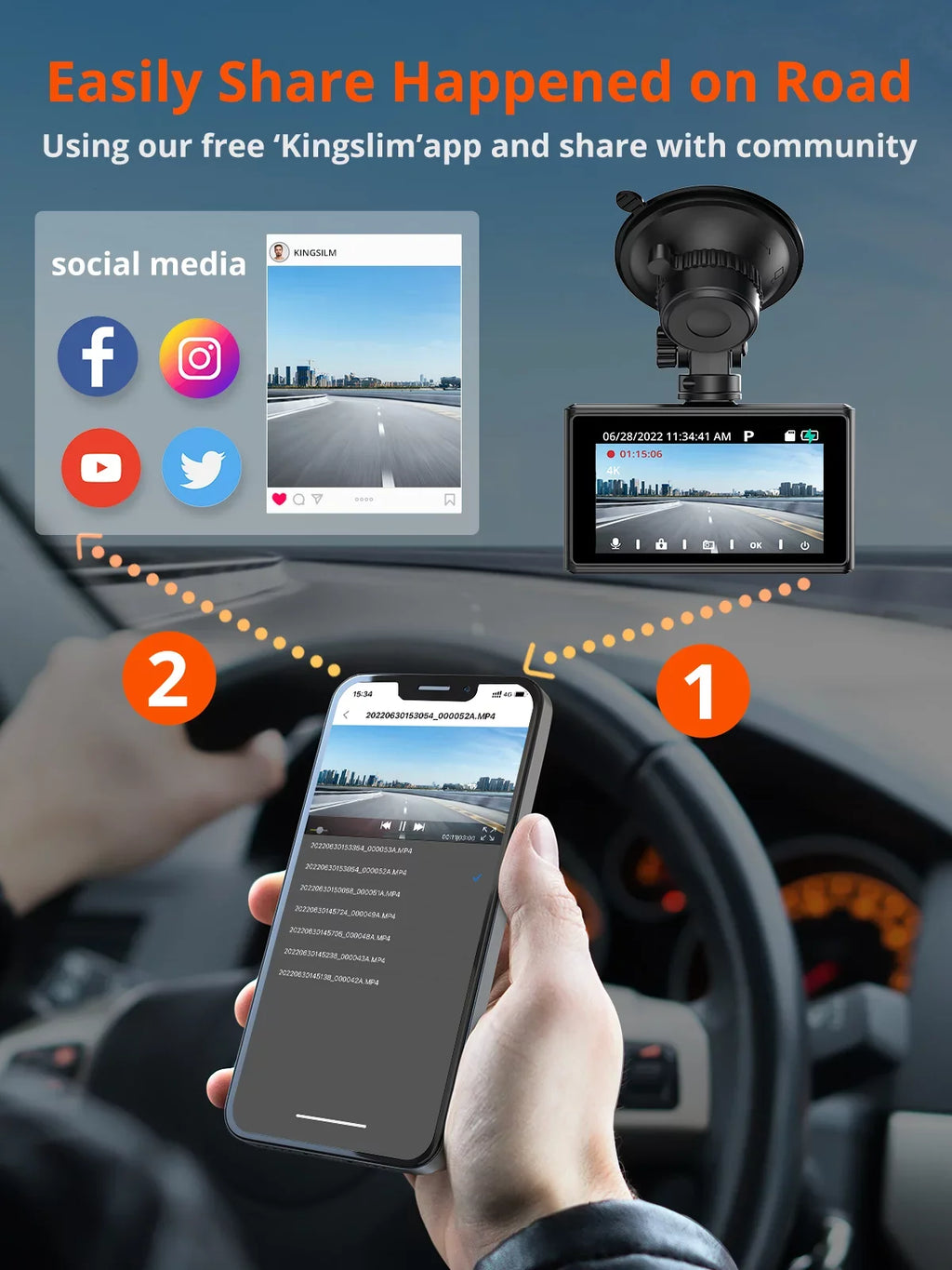 4K Dash Cam Front and Rear with WiFi - Kingslim  Pro 4K Front and 1080P Rear Dual Dash Cam for Cars, Car Dashboard Camera with Night Vision and Parking Monitor, 256GB Supported[Upgraded Version]
