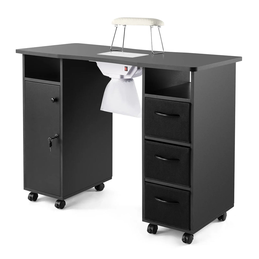 Artist Hand Black Nail Table Manicure Desk Beauty Station with Electric Downdraft Vent, Wrist Cushion, Lockable Wheels, Drawers, Shelves