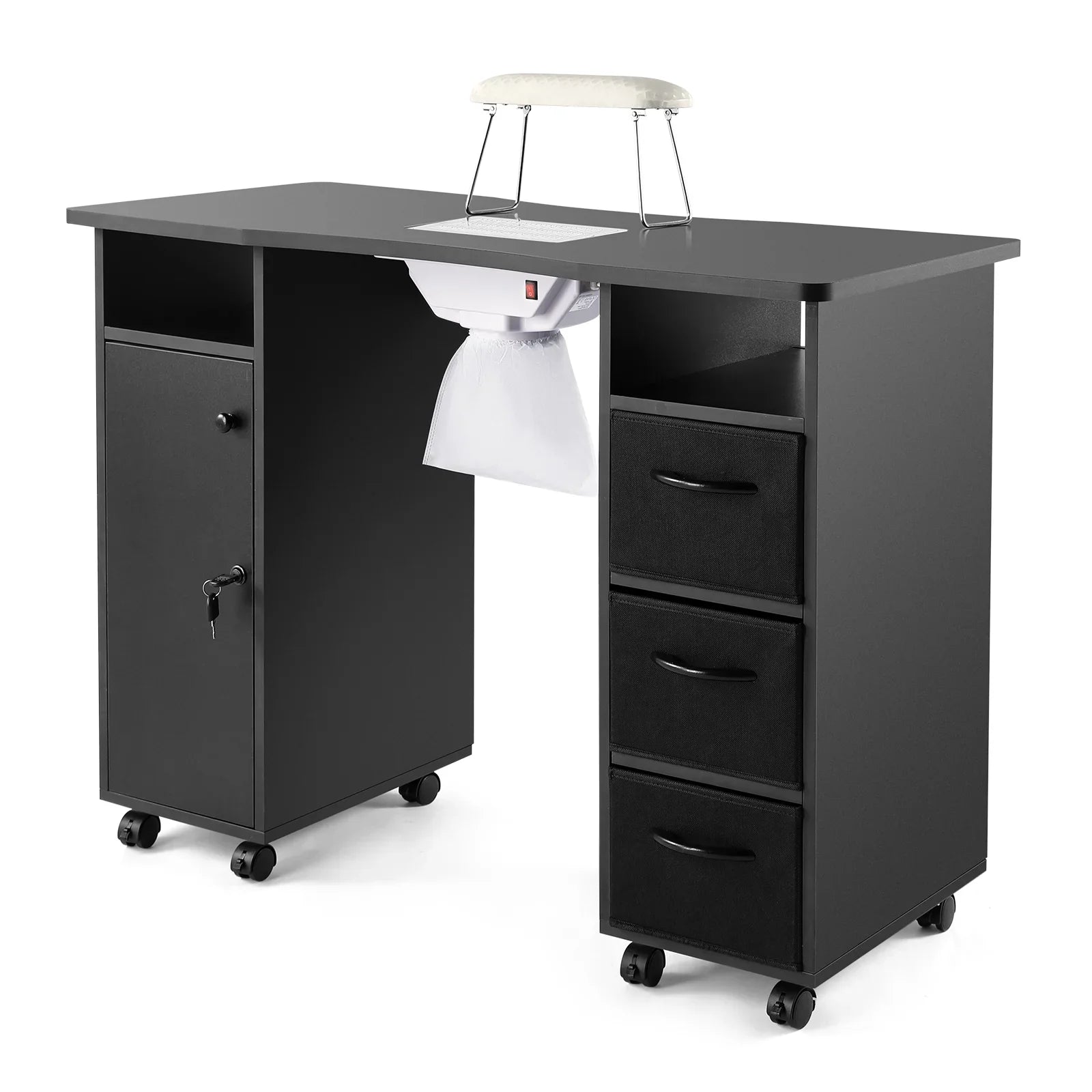 Artist Hand Black Nail Table Manicure Desk Beauty Station with Electric Downdraft Vent, Wrist Cushion, Lockable Wheels, Drawers, Shelves