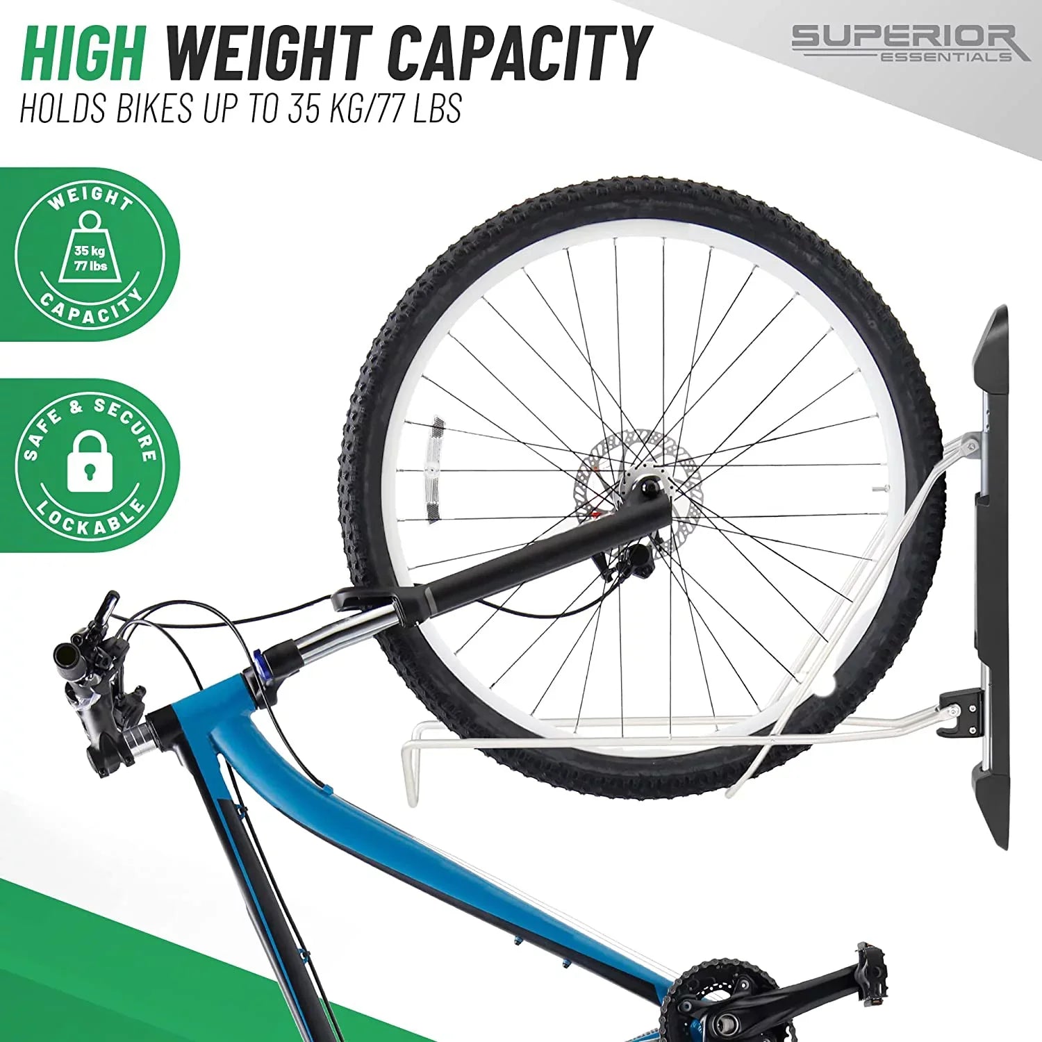 Superior Essentials Vertical Bike Rack - Easy to Hang and Detach, 180-Degree Swivel Swing, Foldable Bike Wall Mount - Maximize Your Garage Space with Our Top-Notch Bike Hangers for Garage (Black)