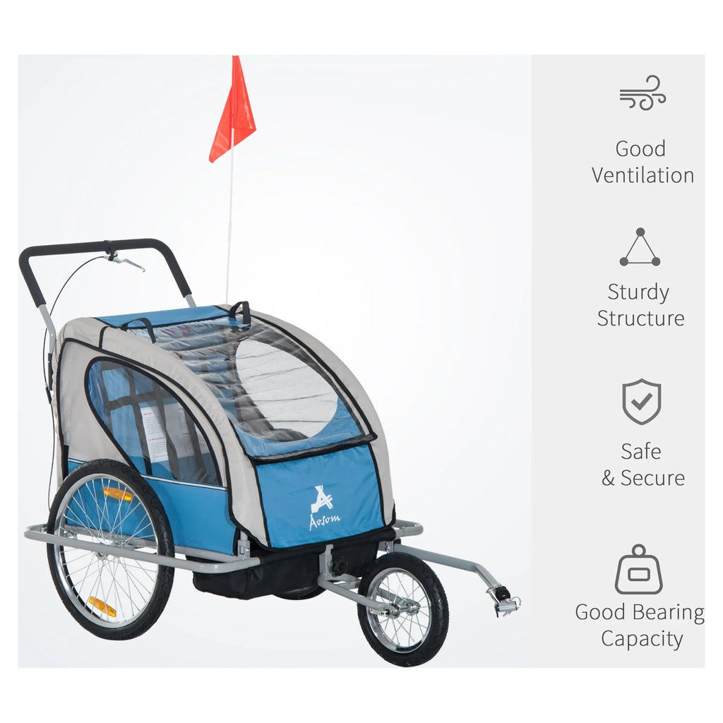 Aosom Elite 2-In-1 Double Child Two-Wheel Bicycle Cargo Trailer And Jogger With 2 Safety Harnesses - Blue
