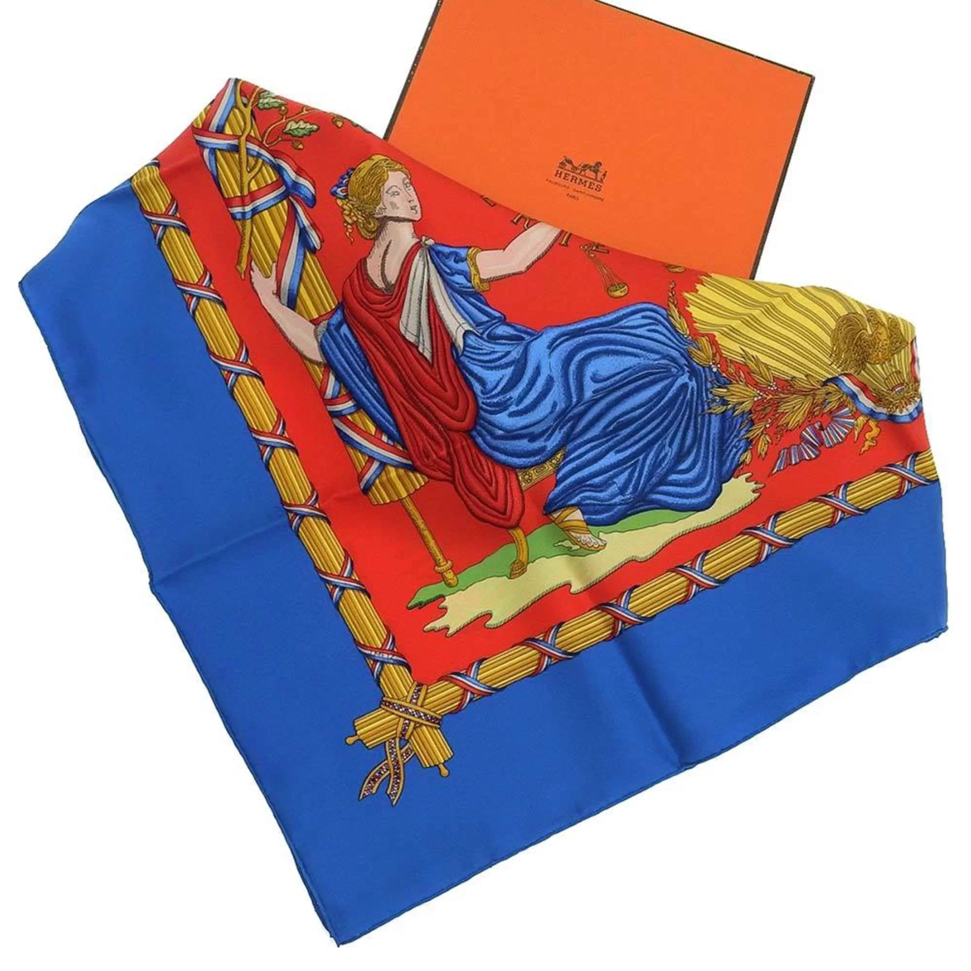 Pre-Owned Hermes Carre 90 Scarf Silk Blue Red Pattern Commemorating the French Revolution (Like New)