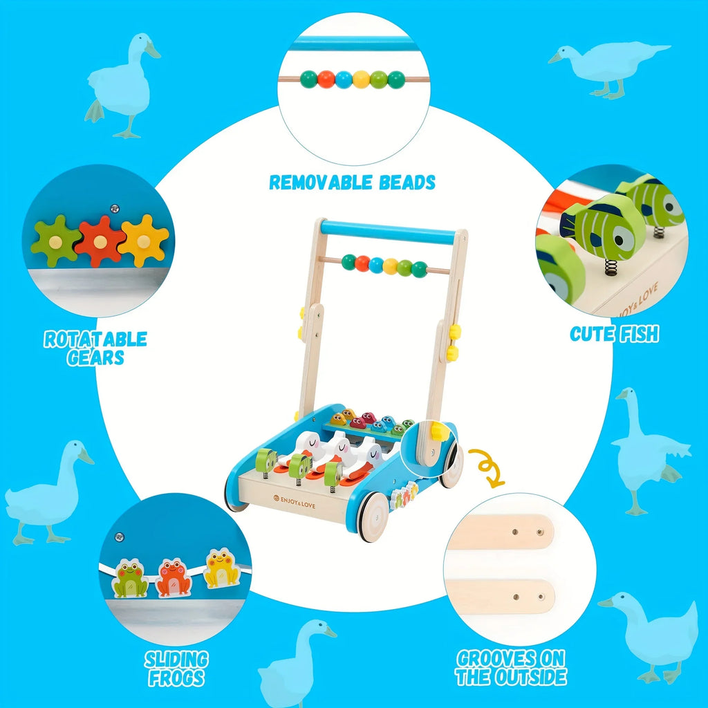 Baby Walker Wooden Foldable Sit-to-Stand Learning Baby Push Walker Kids Activity Center Toddler Push Along Trolley with Fishing Toy Gear for Boys Girls Infants