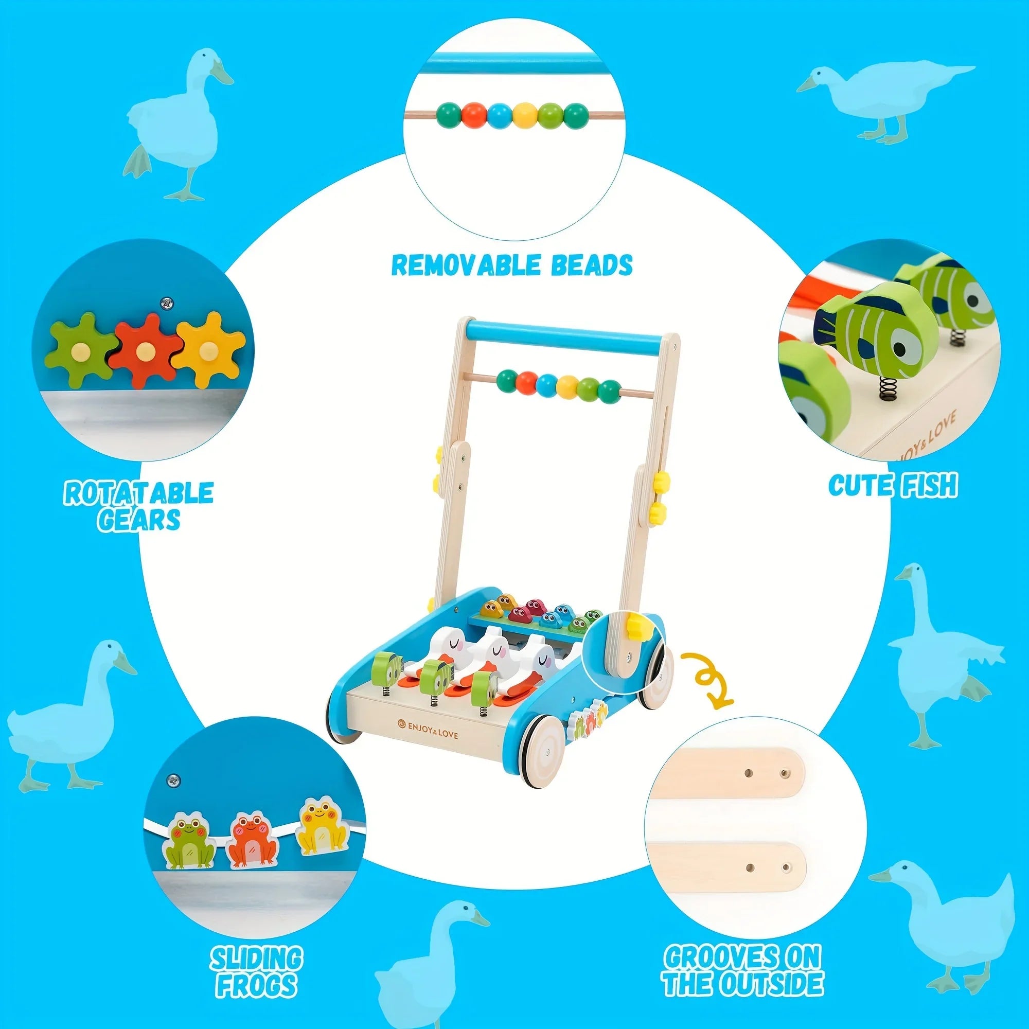 Baby Walker Wooden Foldable Sit-to-Stand Learning Baby Push Walker Kids Activity Center Toddler Push Along Trolley with Fishing Toy Gear for Boys Girls Infants