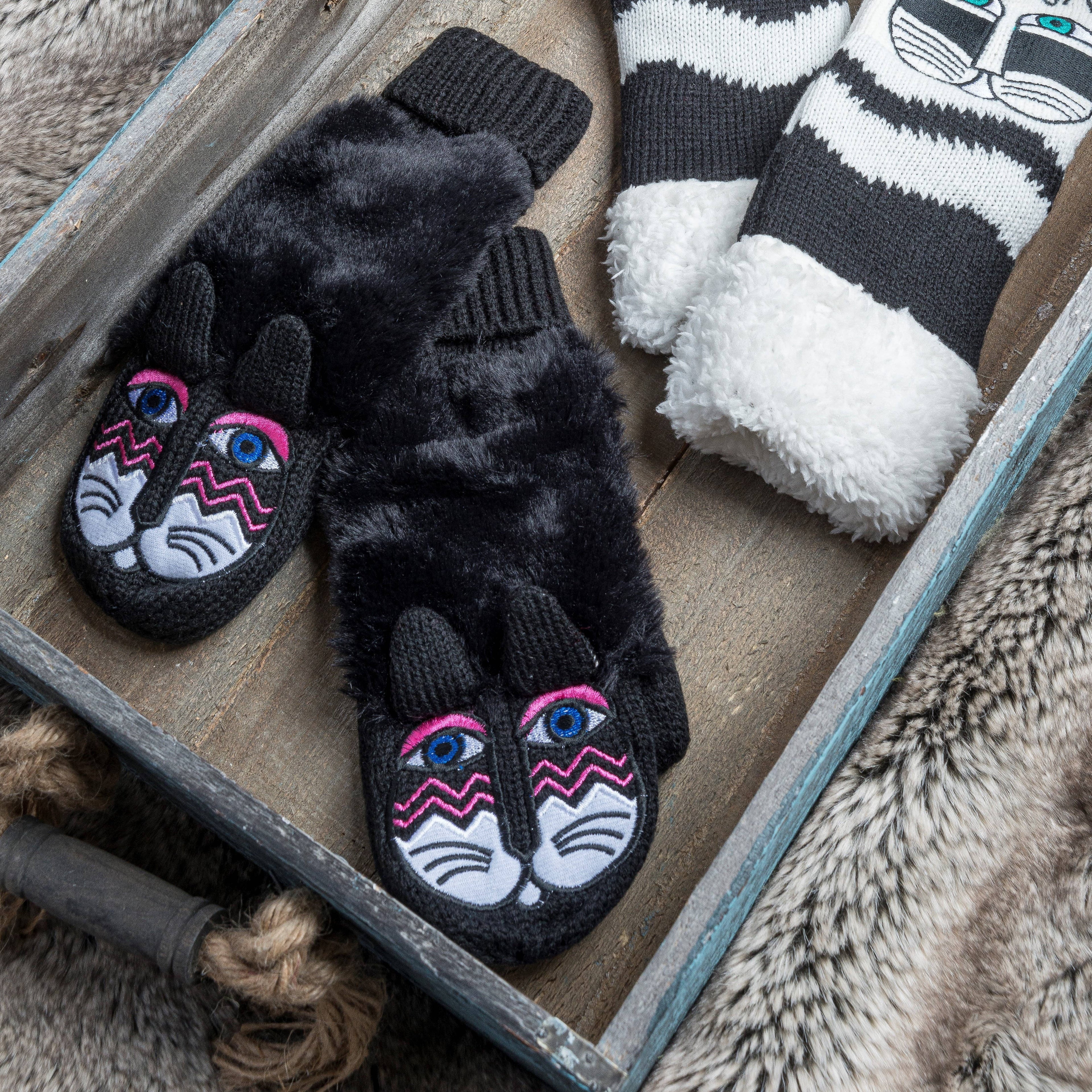 Laurel Burch Fuzzy Black Cat Mittens