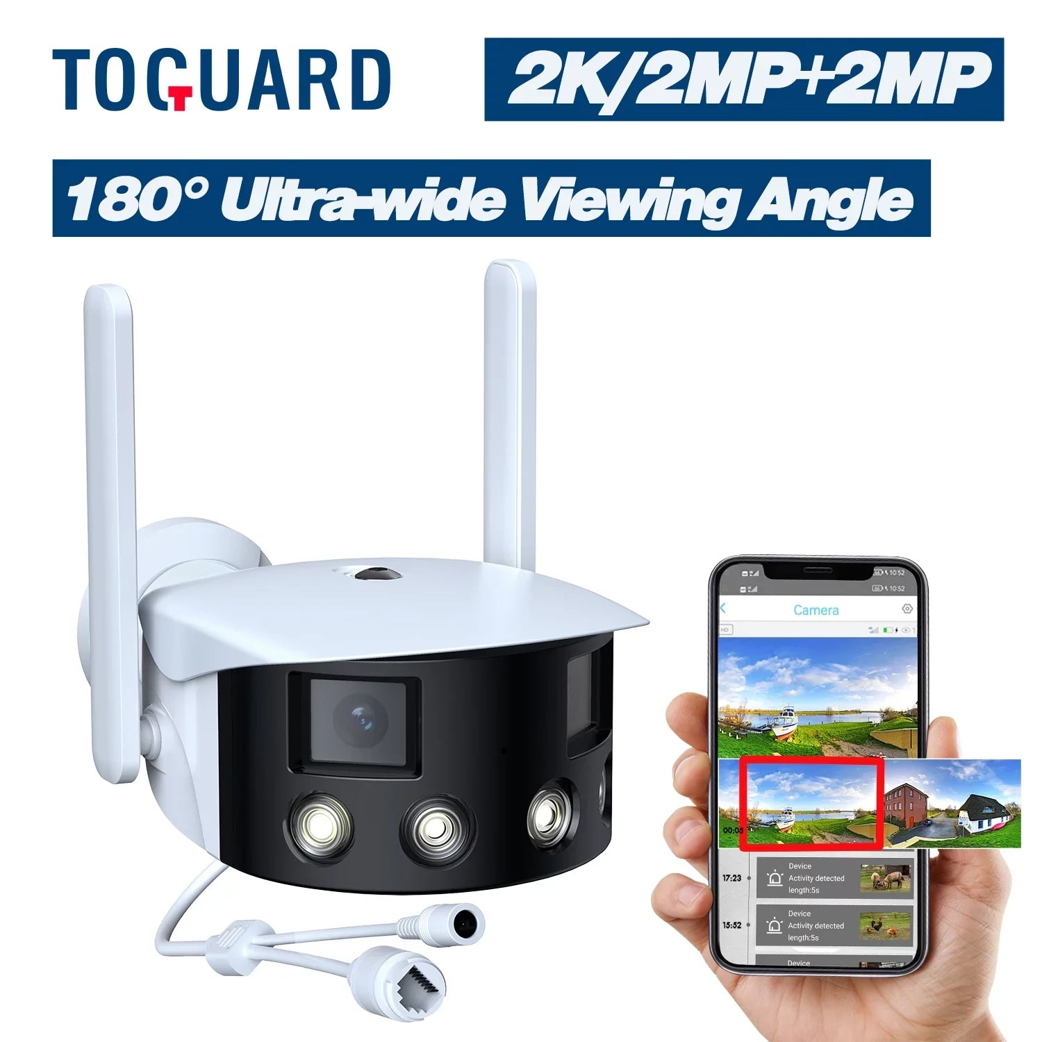 Toguard  2K Wireless Security Camera Outdoor, 180° Ultra-Wide View Dual Lens Bullet Surveillance Camera Wireless Connector