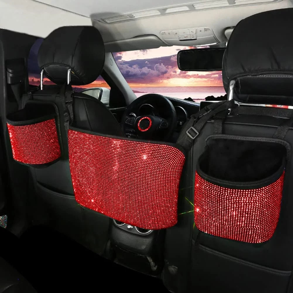 eing Bling Car Handbag Holder Backseat Organizer,Car Net Pocket Between Seat,Back Seat StorageTrash Can,Rhinestones Auto Seat Storage Bag,3-Pack Car Accessories - Plush,Red