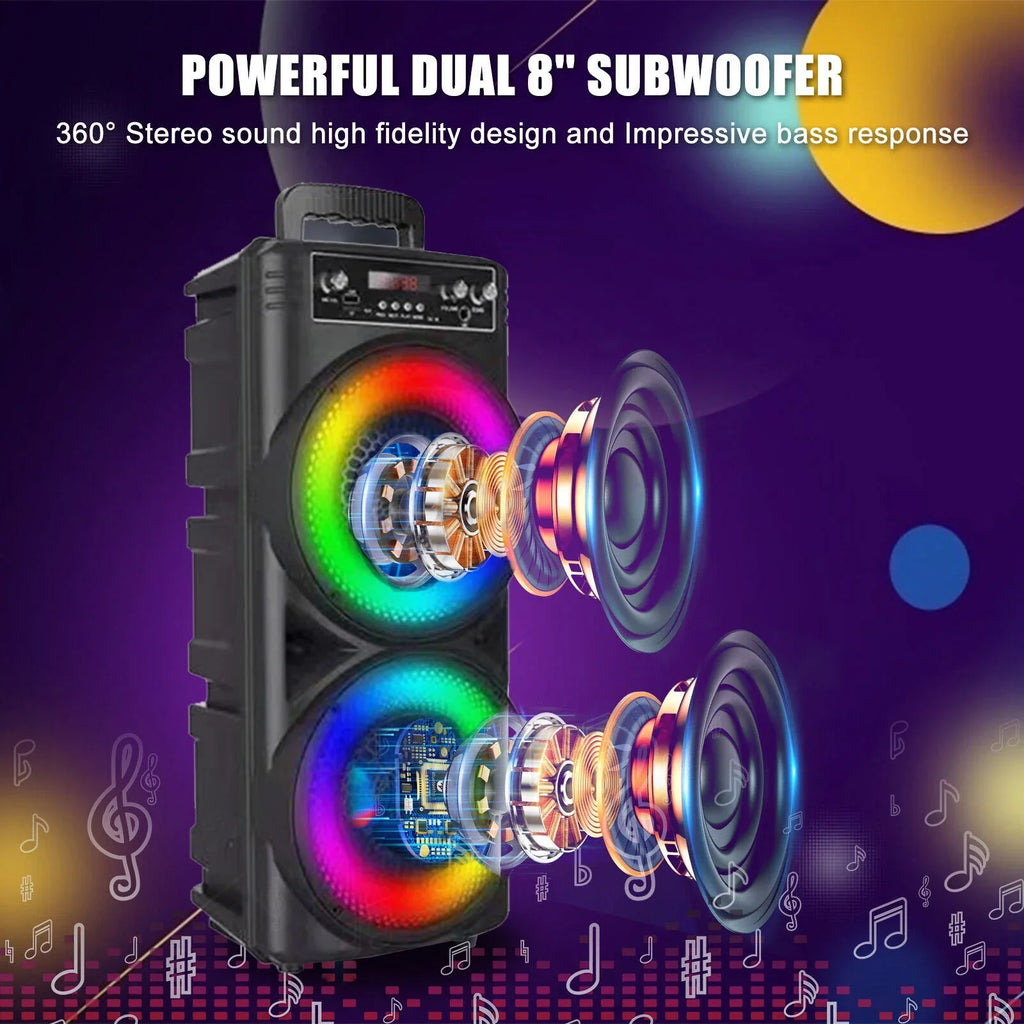 Dual 8-inch Portable Party Bluetooth Speaker 6000W Subwoofer Heavy Bass Loud Sound System Party Speaker & Mic -///