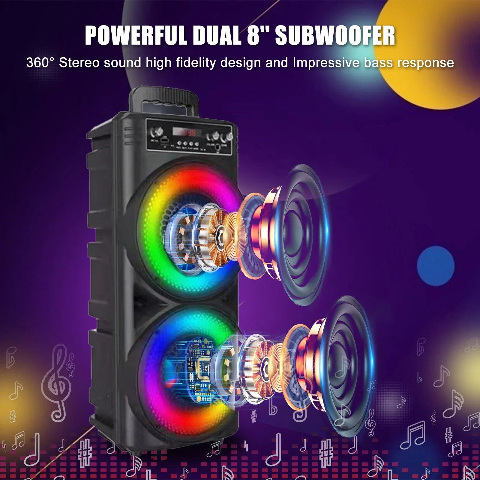 Dual 8-inch Portable Party Bluetooth Speaker 6000W Subwoofer Heavy Bass Loud Sound System Party Speaker & Mic -///
