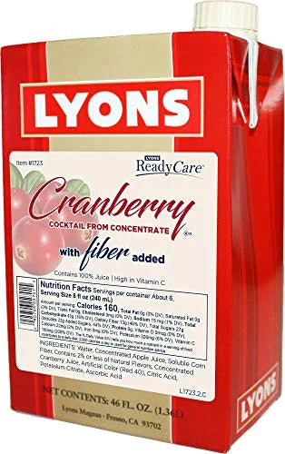 Lyons ReadyCare Cranberry Cocktail 100% Juice with Fiber for Digestive Health - 46 fl oz Cartons (12 Pack)