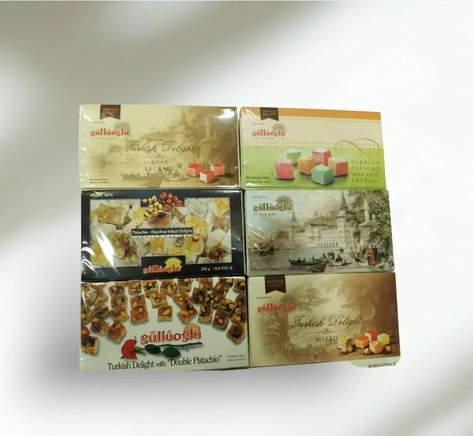 Gulluoglu Turkish Delight Assorted Flavors, 6 Pack (8.8 oz - 250 gr Each), daily fresh shipment from Istanbul/Turkey
