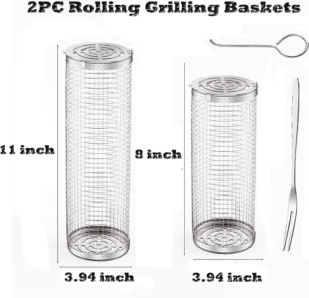 2PC Rolling Grilling Basket，Round Barbecue  Grilling Basket ，Portable Outdoor Camping  Rack for Fish, Shrimp, Vegetables, Barbeque Griller Cooking Accessories