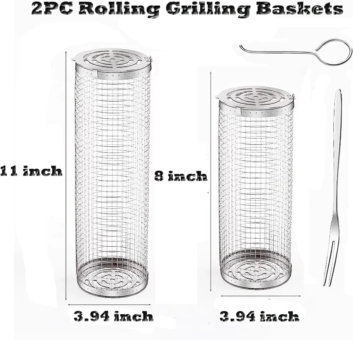 2PC Rolling Grilling Basket，Round Barbecue  Grilling Basket ，Portable Outdoor Camping  Rack for Fish, Shrimp, Vegetables, Barbeque Griller Cooking Accessories
