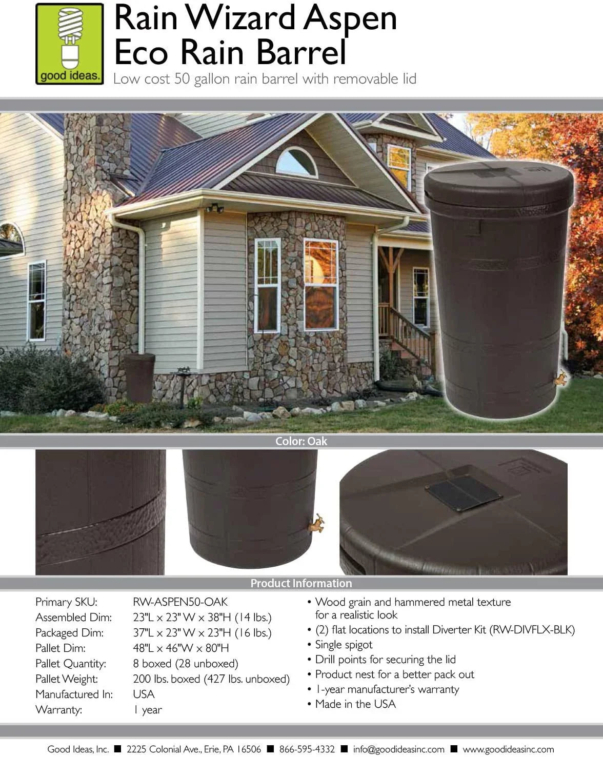 Good Ideas Aspen  50 Gallon Outdoor Rain Barrel Water Storage Collector