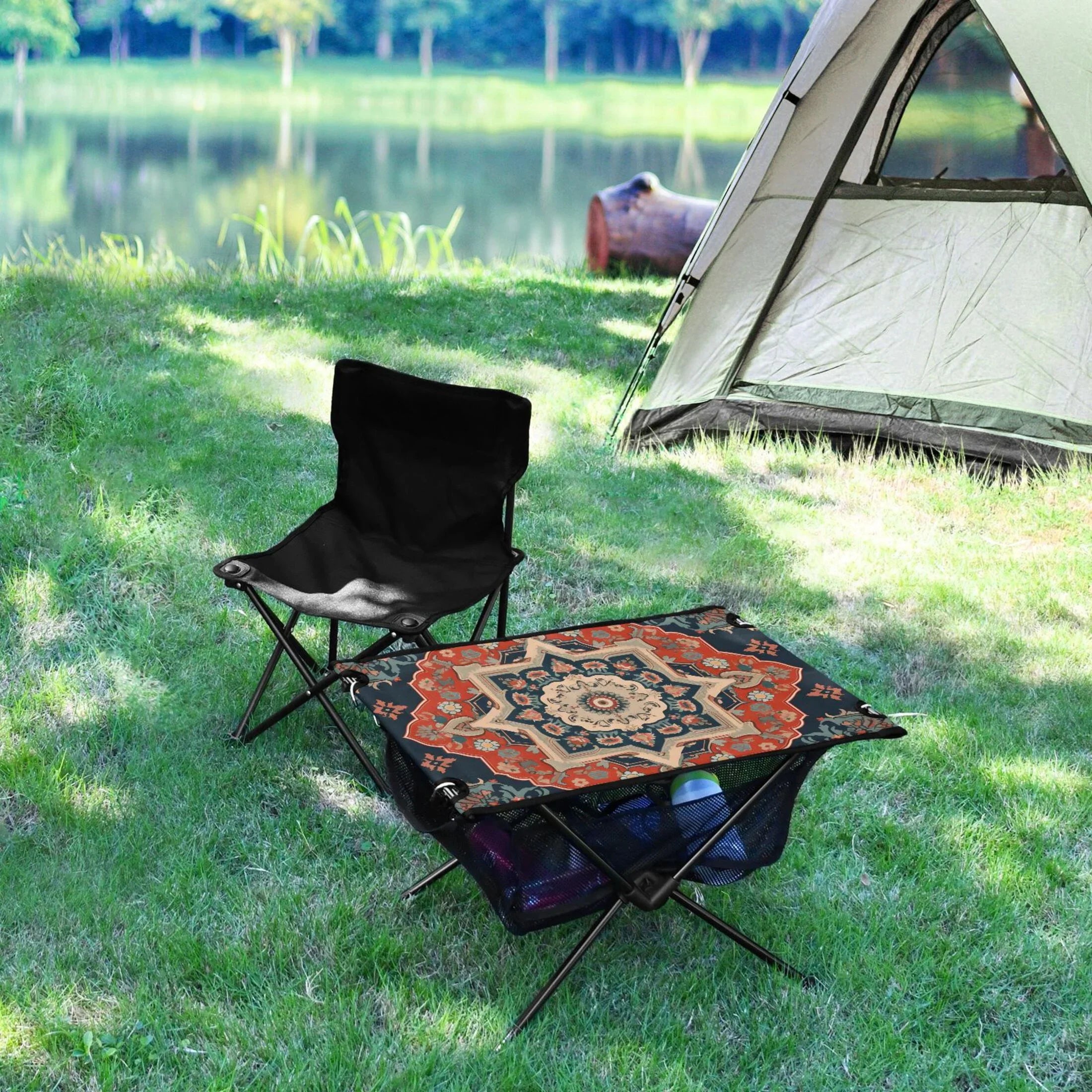 Indian Mandala Pattern Camping Folding Table Portable Beach Table with Storage Bag Compact Picnic Table for Outdoor Travel Fishing