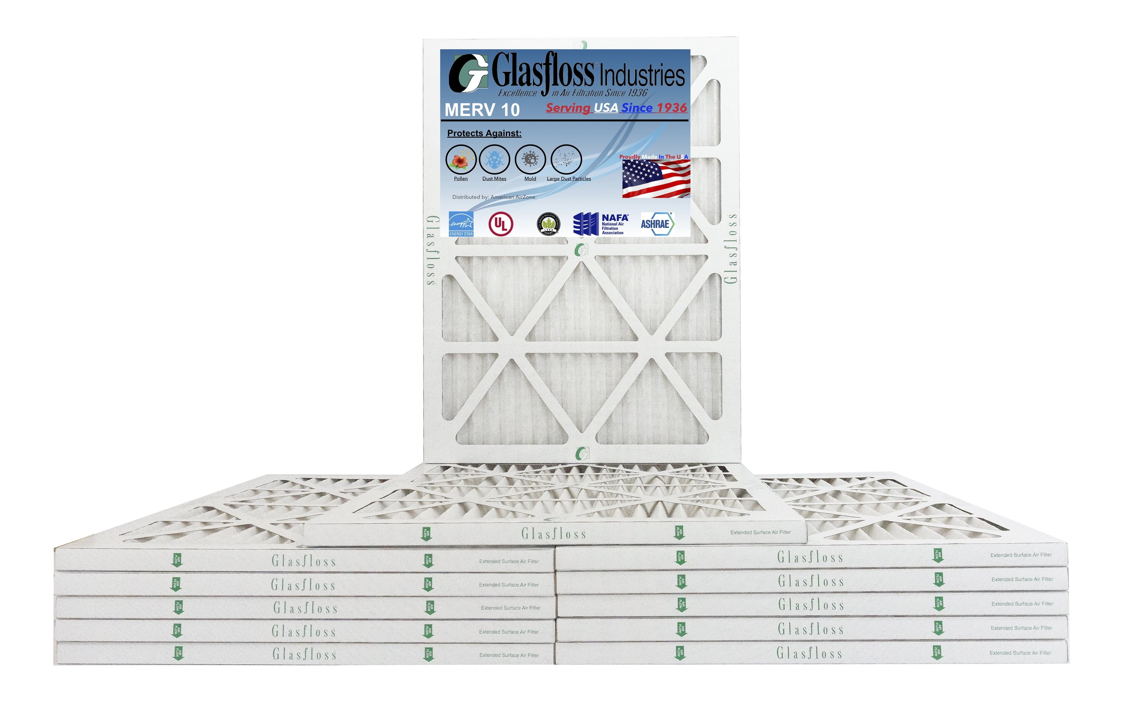 Glasfloss 14x22x1 -  10 -Qty:12 - Furnace Air Filter - Made in  (Actual Size: 13.5 x 21.5x7/8 inch)