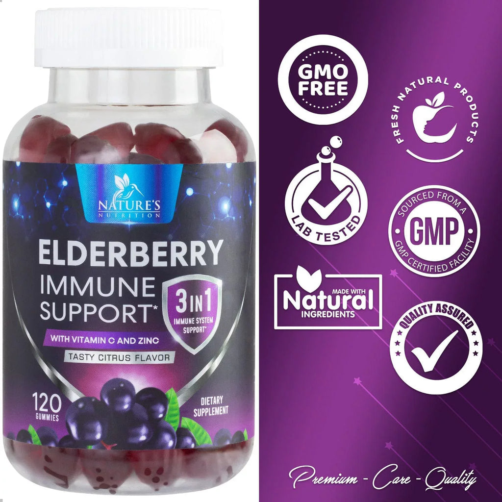 Nature's Sambucus Elderberry Gummies Immune Gummies with Vitamin  and Zinc, Immune Support Gummy Vitamin Supplement, Black Elderberry for Adults & Kids - Gluten Free Non- - 120 Gummies