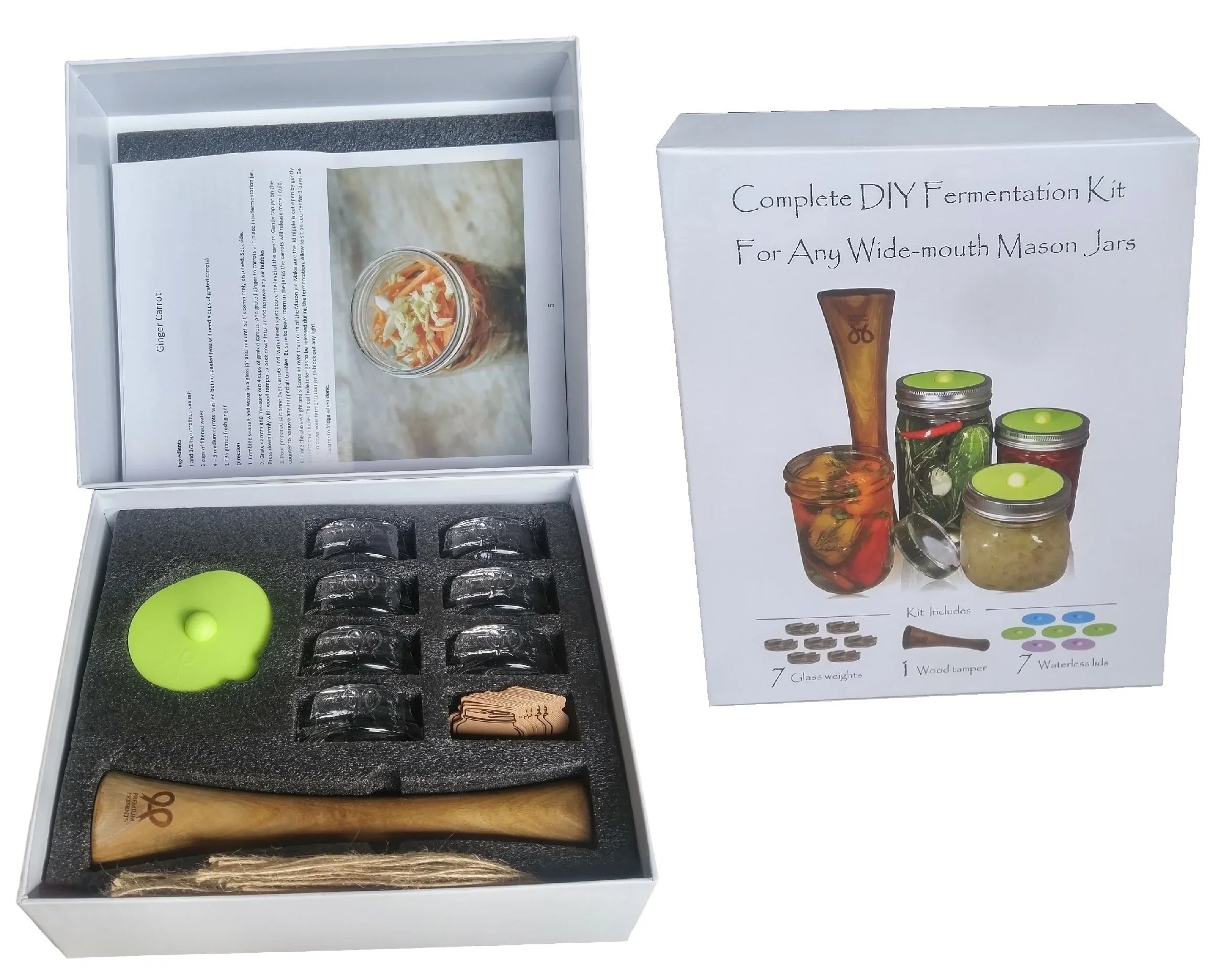Canning kit. Complete  fermentation kit for wide mouth mason jars or pickling jars for 7 sets for making pickles, sauerkraut, kimchi, etc  Glass weights, tamper, airlock lids, and recipe included.