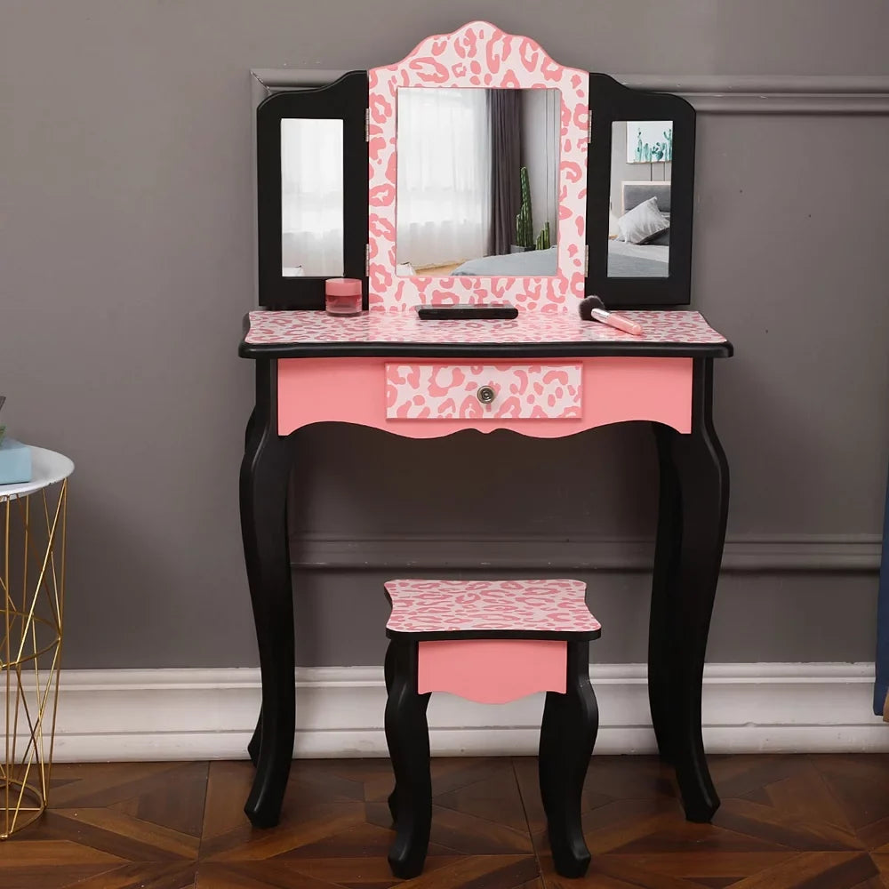 Topcobe Vanity Table Set with Mirror for Girls, 2 Drawers Makeup Table with Removable Desk Makeup Organizer, Pink Bedroom Dressing Table with Vanity Stool