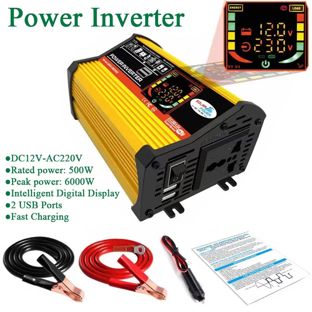 6000W Car Power Inverter Reted 500W - Modified Sine Wave Intelligent Digital Display 2  Ports Fast Charging Auto Charger Converter Adapter