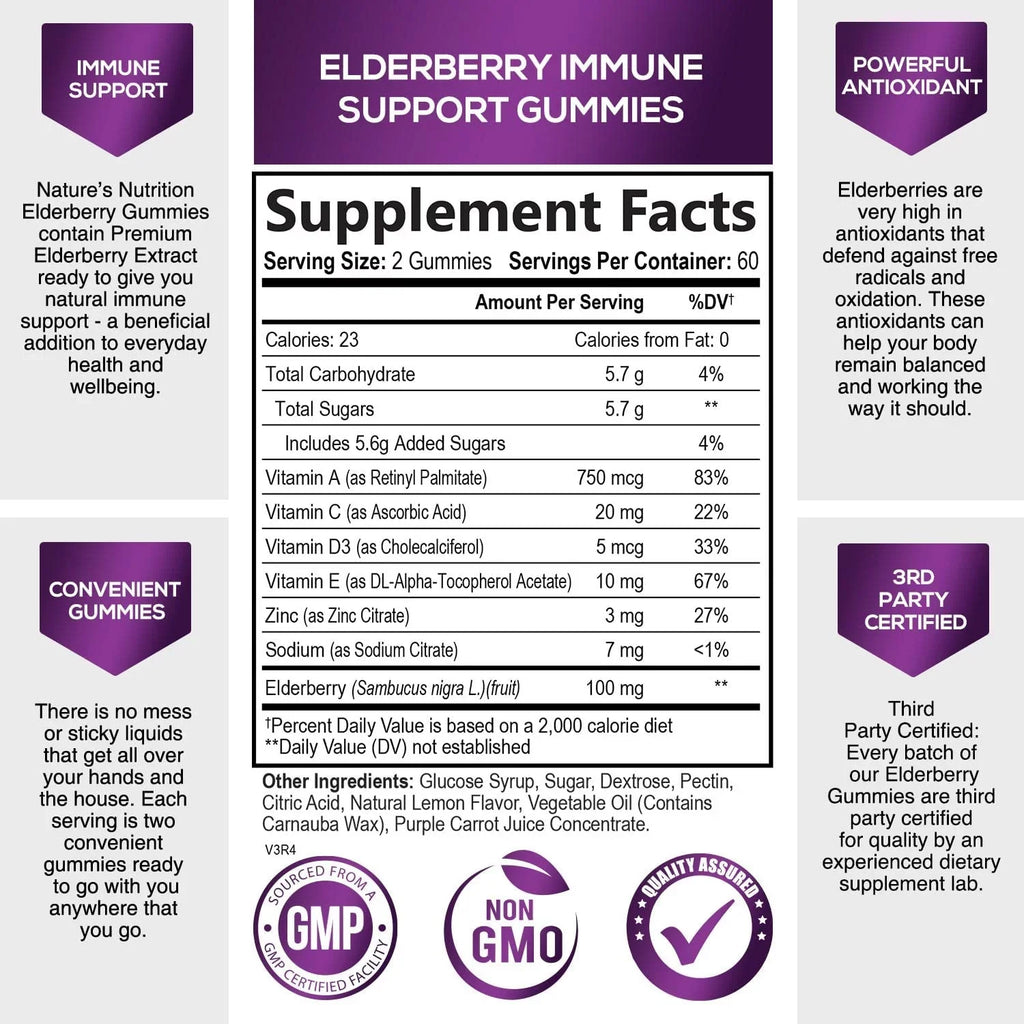 Nature's Sambucus Elderberry Gummies Immune Gummies with Vitamin  and Zinc, Immune Support Gummy Vitamin Supplement, Black Elderberry for Adults & Kids - Gluten Free Non- - 120 Gummies