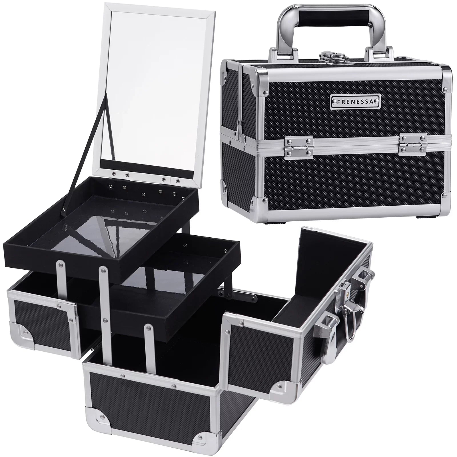 Joligrace Makeup Train Case Cosmetic Organizer Box with Mirror Lockable 2 Trays Makeup Storage Case