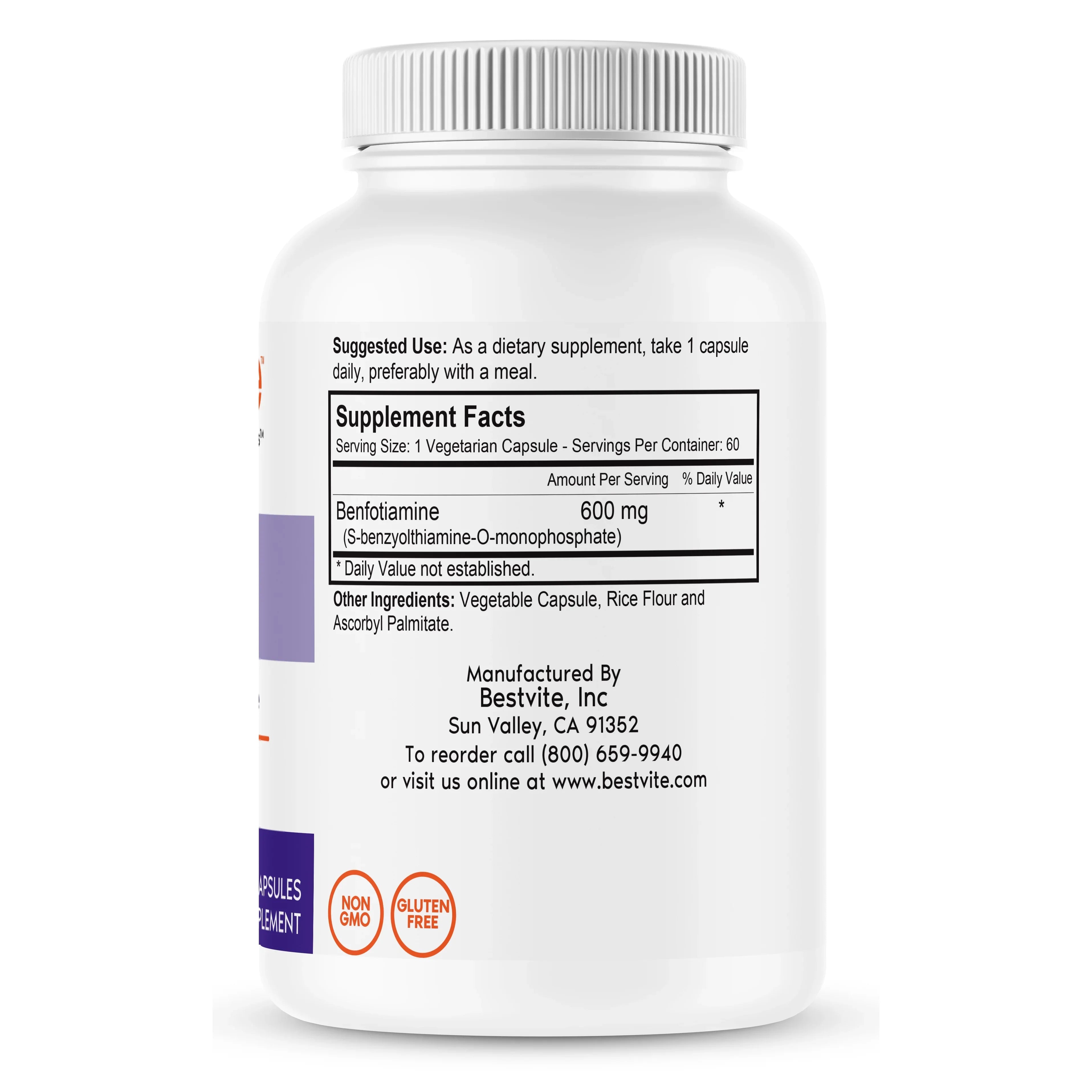 Ultra Benfotiamine 600mg per Capsule (60 Vegetarian Capsules) No Stearates - No Silicon Dioxide - Vegan - Non  - Gluten Free - Maximum Strength Benfotiamine