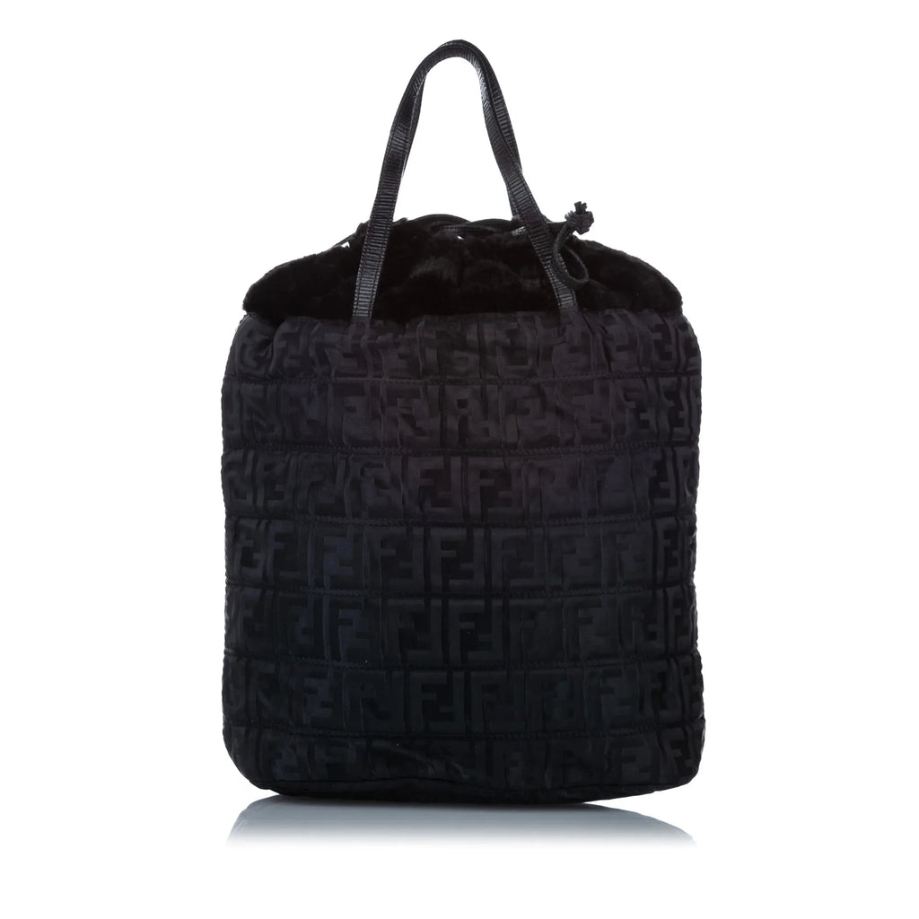 Pre-Owned Fendi Zucca Drawstring Tote Bag Nylon Fabric Black Satchel Women (Good)