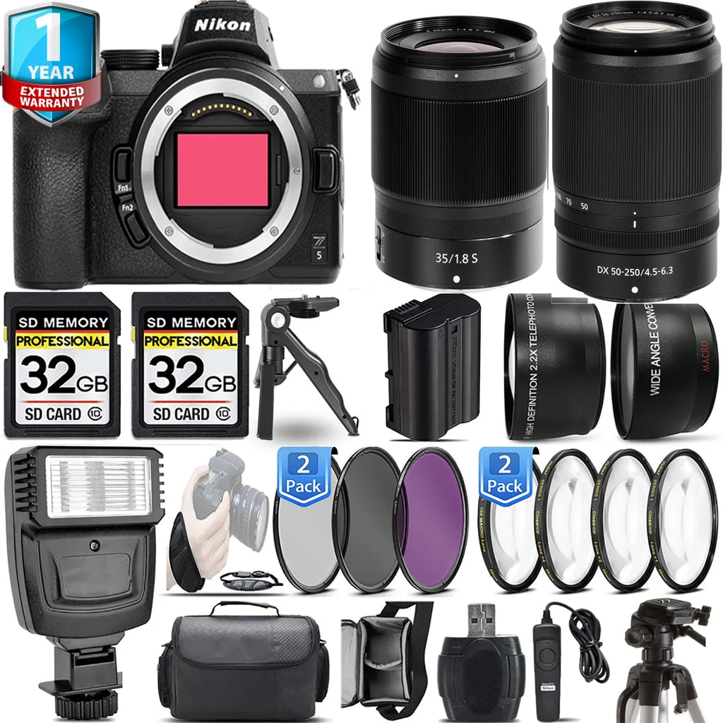 Nikon  Mirrorless Camera with 50-250mm f/4.5-6.3  Lens + 35mm f/1.8  Lens + 4  Macro Set + 3  Filter Set + 64GB + Flash + Handbag