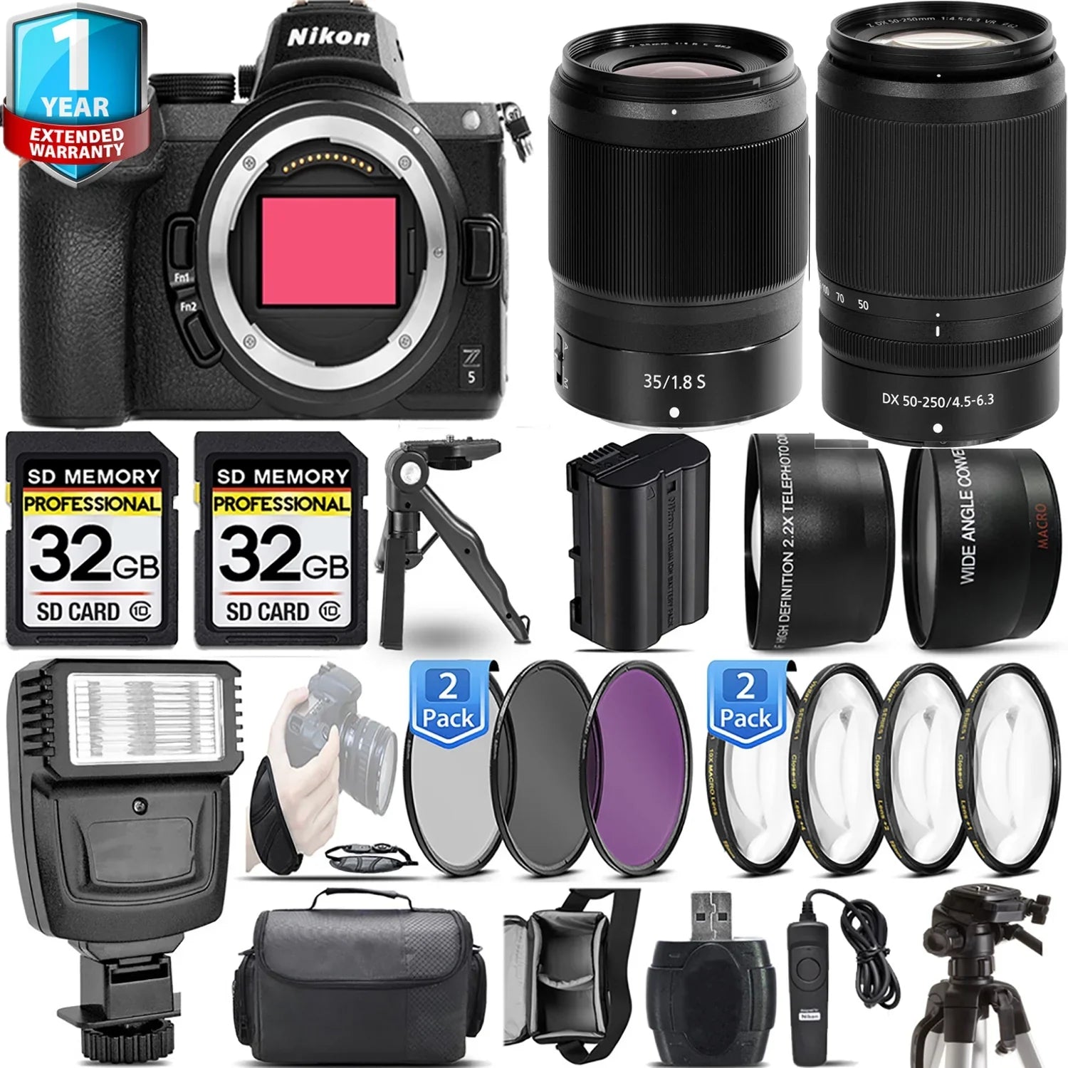 Nikon  Mirrorless Camera with 50-250mm f/4.5-6.3  Lens + 35mm f/1.8  Lens + 4  Macro Set + 3  Filter Set + 64GB + Flash + Handbag