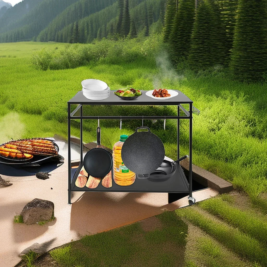 Outdoor Cook Station Table 2-Tier Shelf Food Prep  Grill Serving Cart Movable Rack