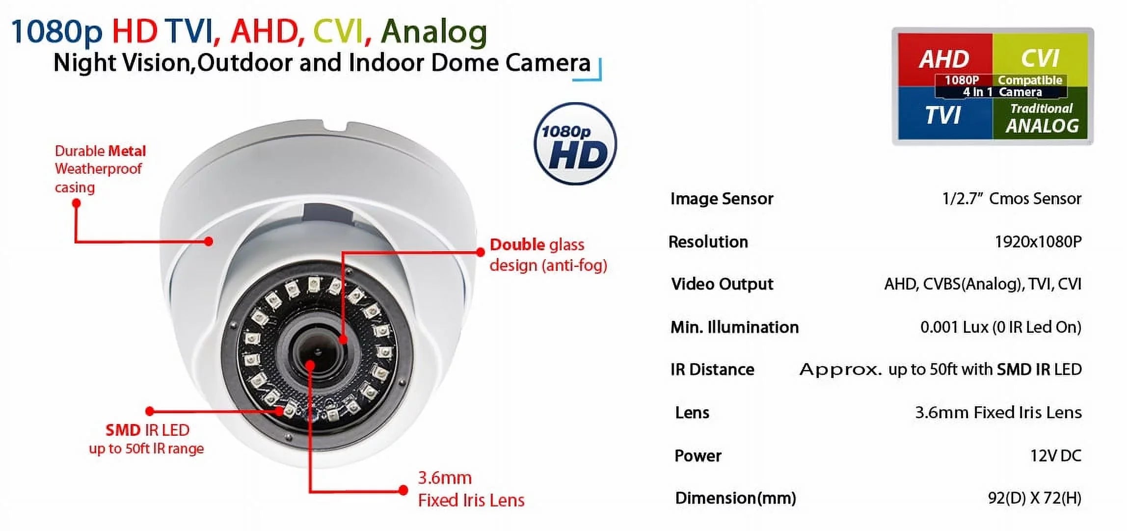 Evertech 1080p   Security Surveillance Camera with 100 feet Video & Power Cable and Power Adapter