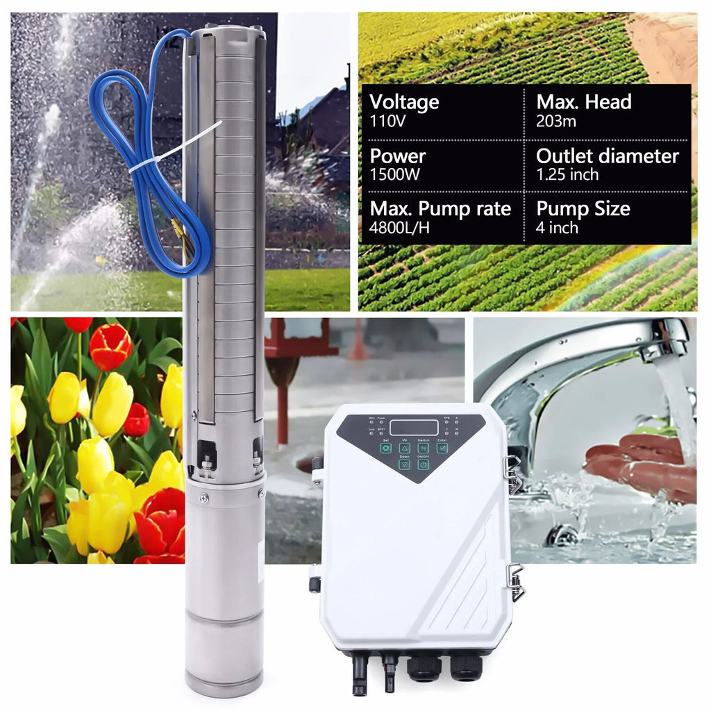 4" 2  110V Solar Water Pump Submersible  Controller Kit  Deep Well Pump