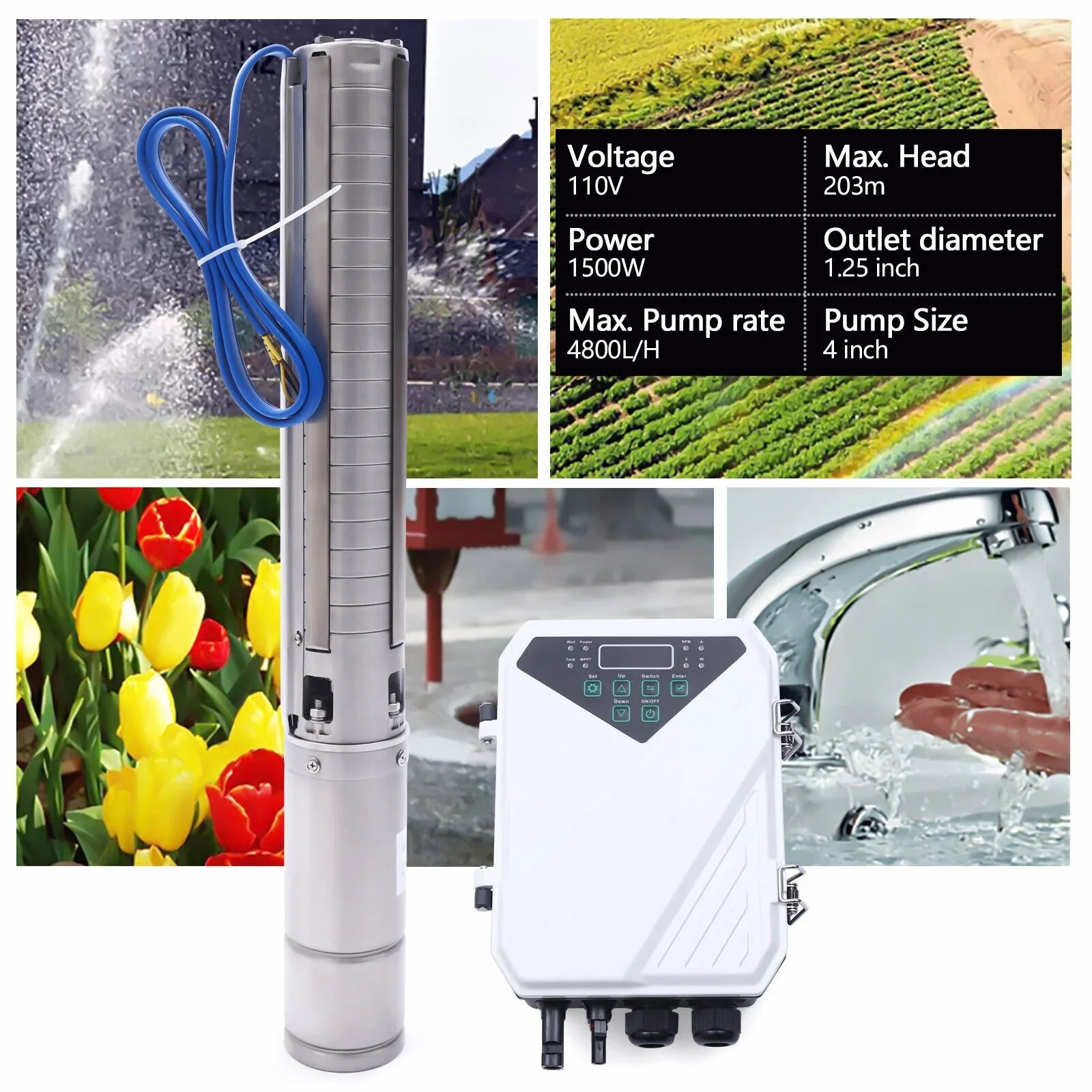 4" 2  110V Solar Water Pump Submersible  Controller Kit  Deep Well Pump