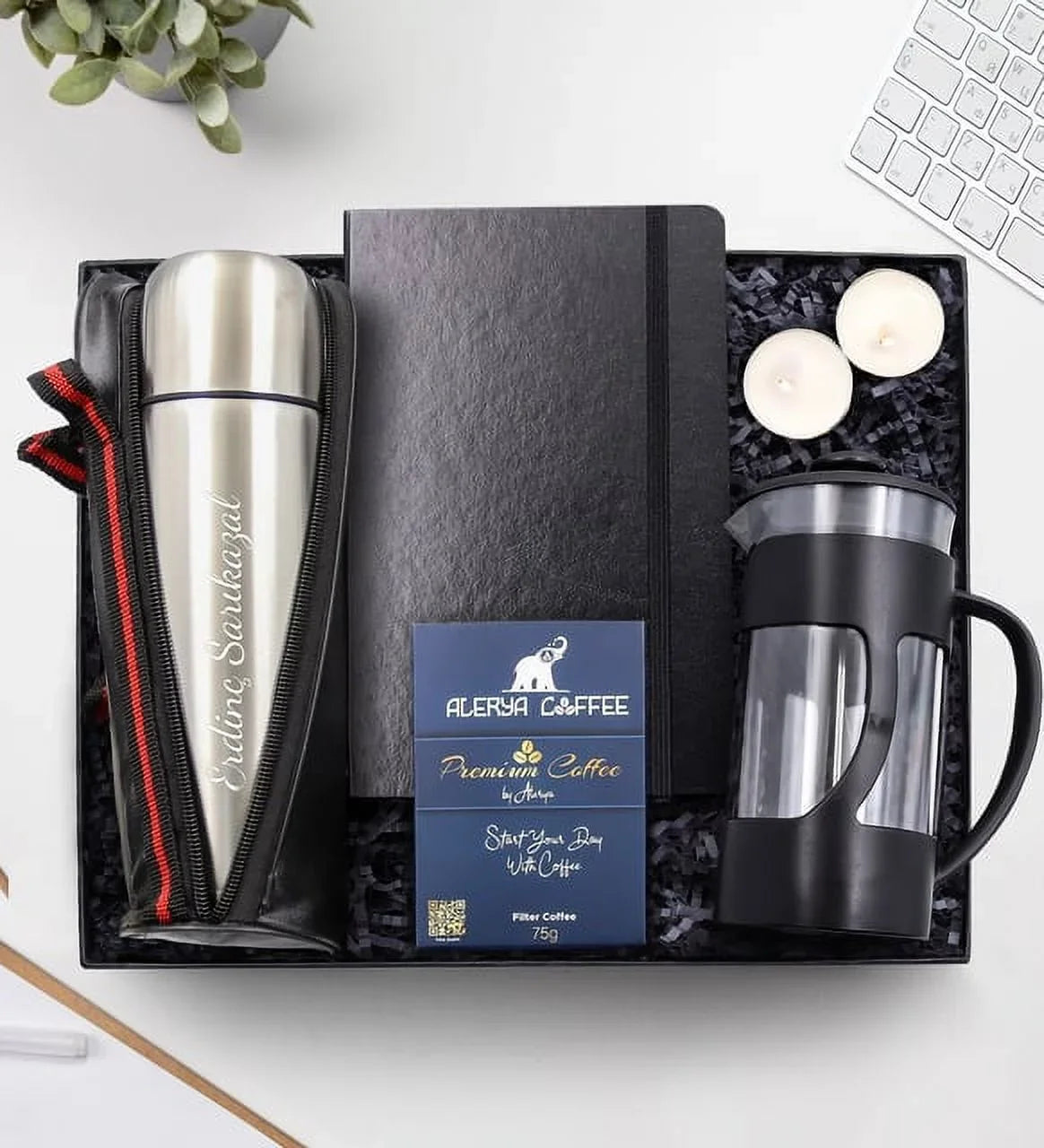 Personalized 500  Leather Bag Silver Thermos & Black French Press & Notebook & Alerya Premium Filter Coffee & 2 Candle Gift Set