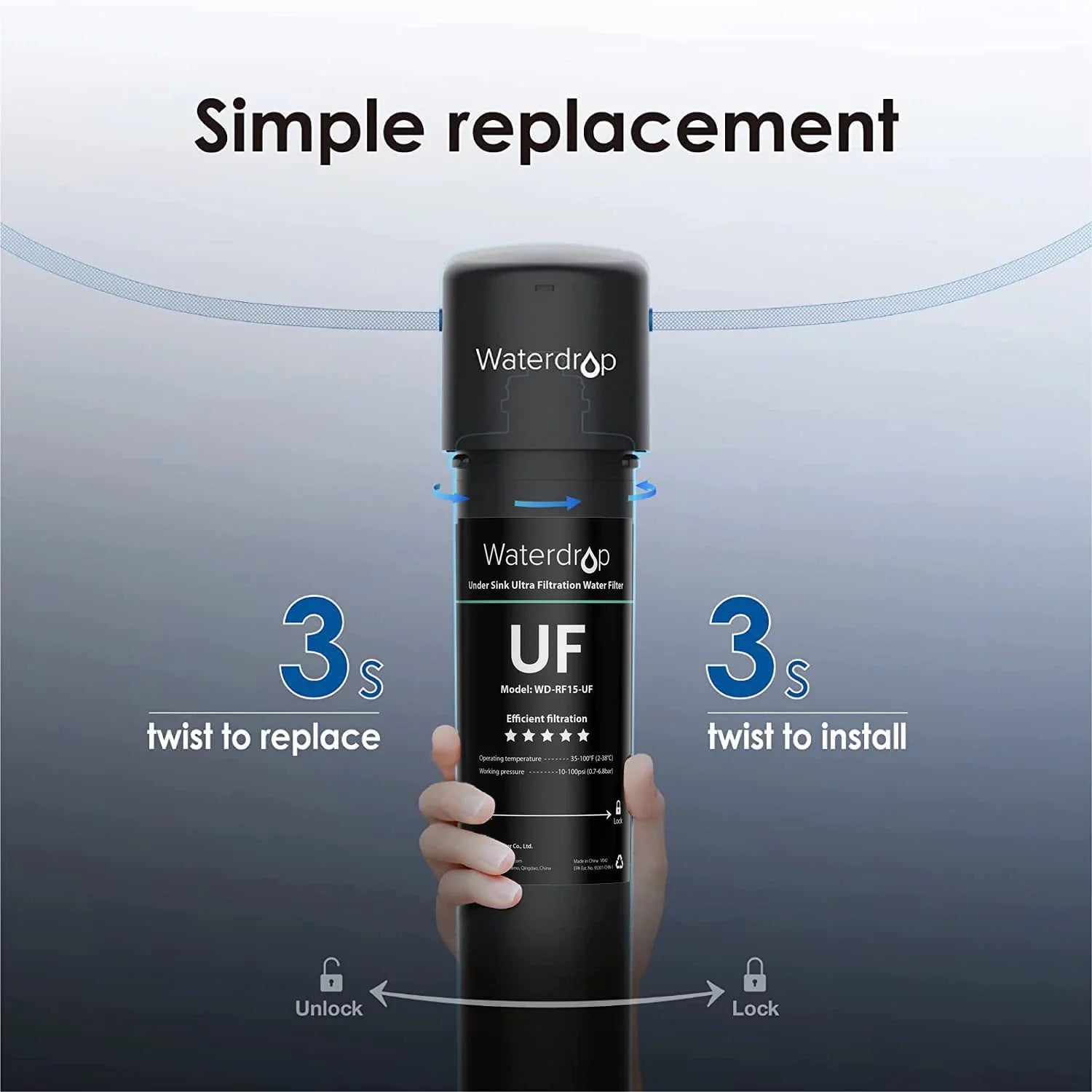 Waterdrop -- Water Filter, Replacement 15UA- Under Sink Water Filtration System, 0.01 Micron, 16000 Gallons High Capacity
