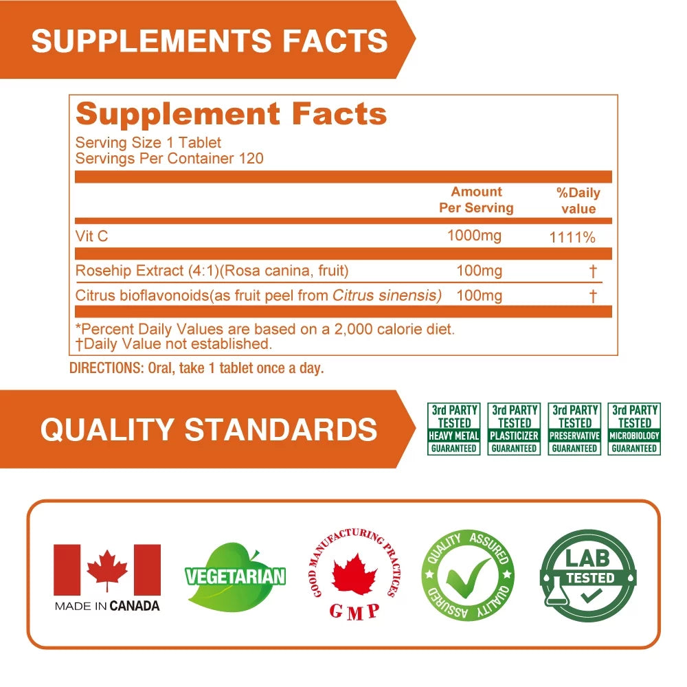 Lovita Vitamin  1000mg with Bioflavonoids & Rose Hips, Timed Release Vitamin , High Potency Vitamin  to Boost Healthy Immune Function, 120 Vegetarian Tablets for 4 Month Supply (Pack of 3)
