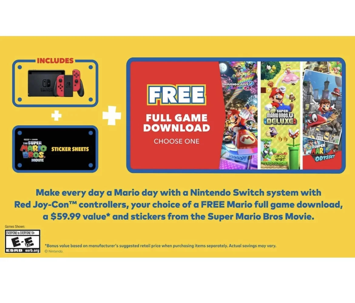 Nintendo Switch Mario 40th Edition Console - Red Joy-Con - Choose One of Three Download Mario Games + Sonic Superstars + Sonic Mania + 64GB MicroSD Memory card + Switch Carrying Case